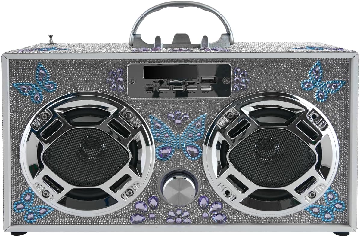 Portable Party Speaker: Retro Boombox with Bluetooth, LED Light Show, Enhanced FM Radio, Rechargeable Battery (Butterfly Silver Bling)