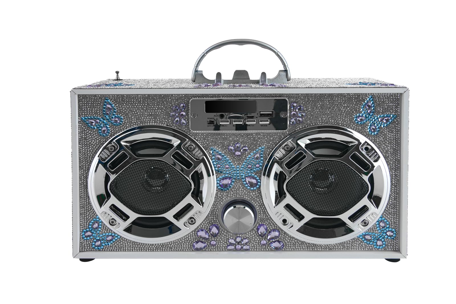 Wireless Express - Portable Party Speaker: Retro Boombox with Bluetooth, LED Light Show, Enhanced FM Radio, Rechargeable Battery (Butterfly Silver
