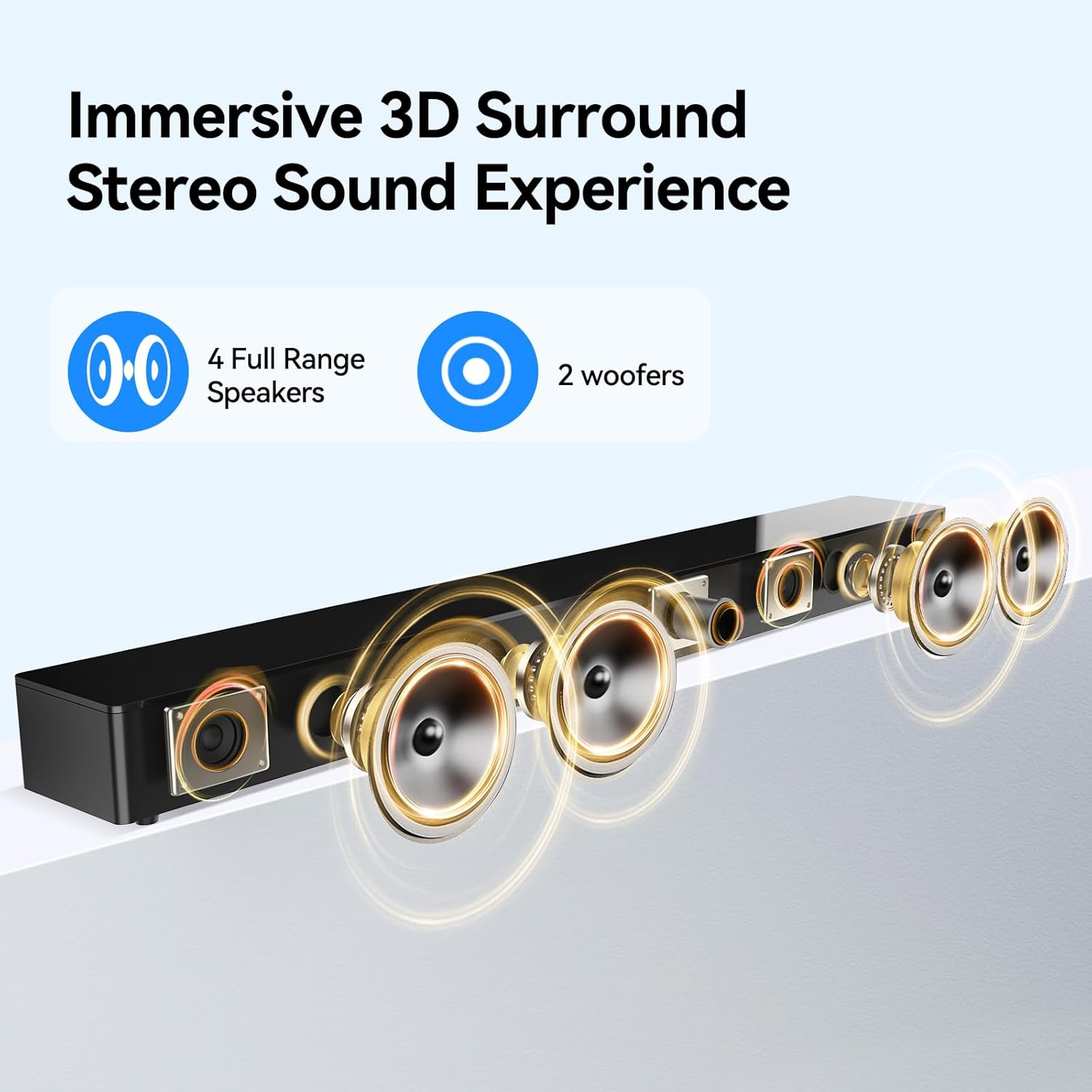 Diagram showing the internal components of the THOMSON Sound Bar, specifically highlighting 4 full-range speakers and 2 woofers (bass diaphragms).