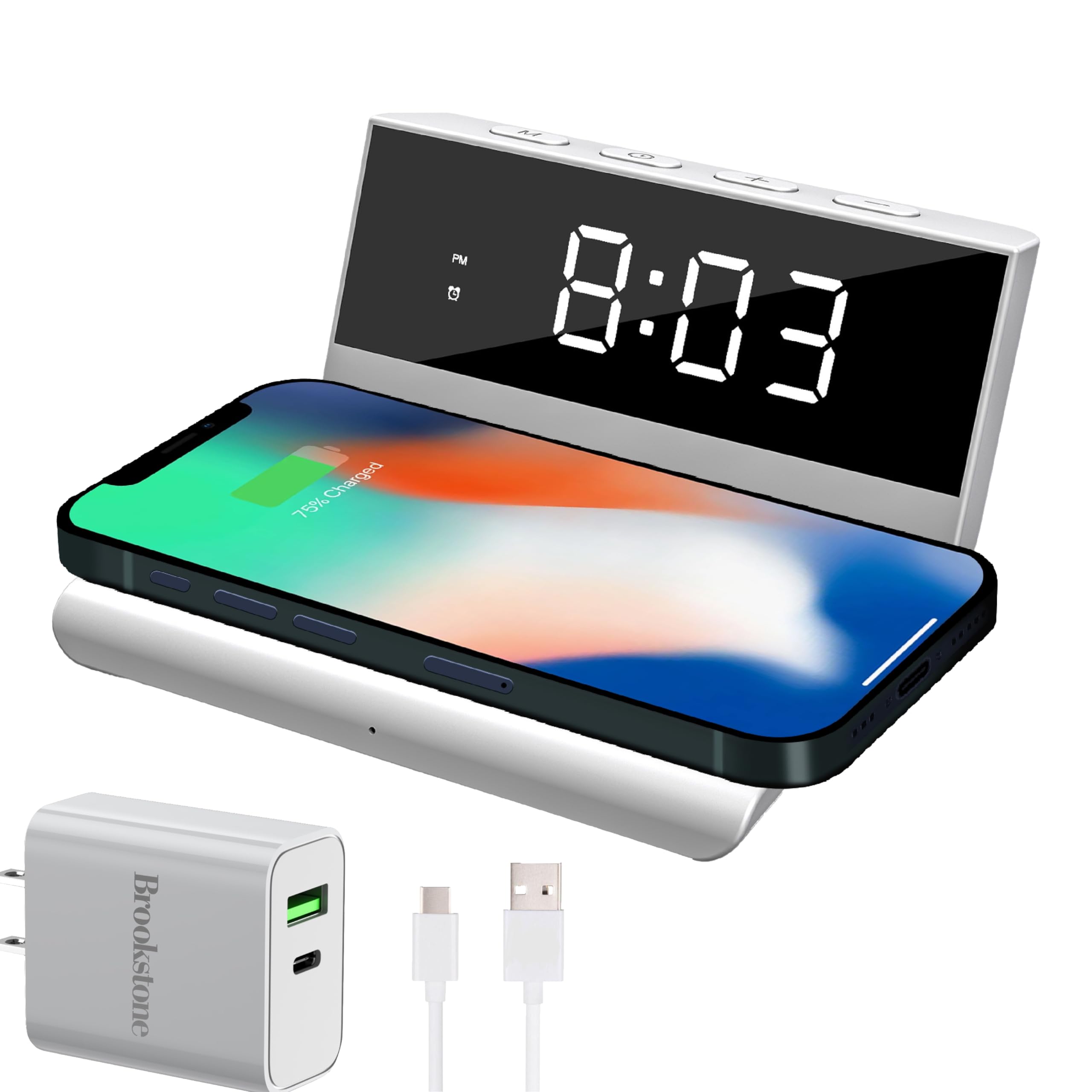 Brookstone Desk LED Alarm Clock 15W Wireless Charger for iPhone 15 Pro Max/14/13/12, Samsung S23/S22/S21 and AirPods | Wireless Charger Clock | Phone Charger Clock