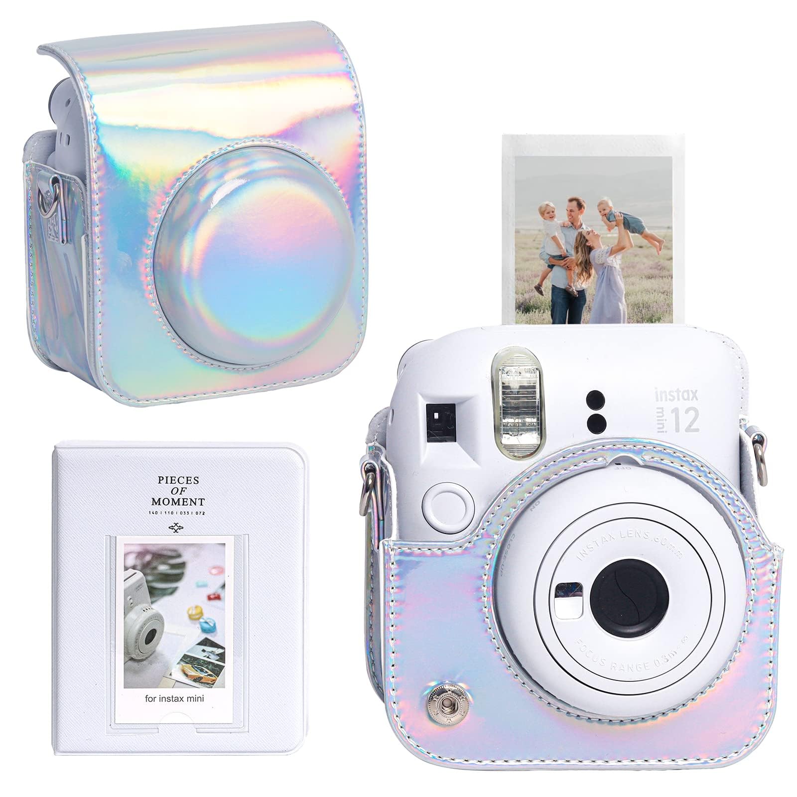 MAKINGTEC Case for Fujifilm Instax Mini 12 Camera Protective PU Leather Bag Cover with Adjustable Shoulder Strap and Mini Photo Album 64 Pockets (Shiny Silver)