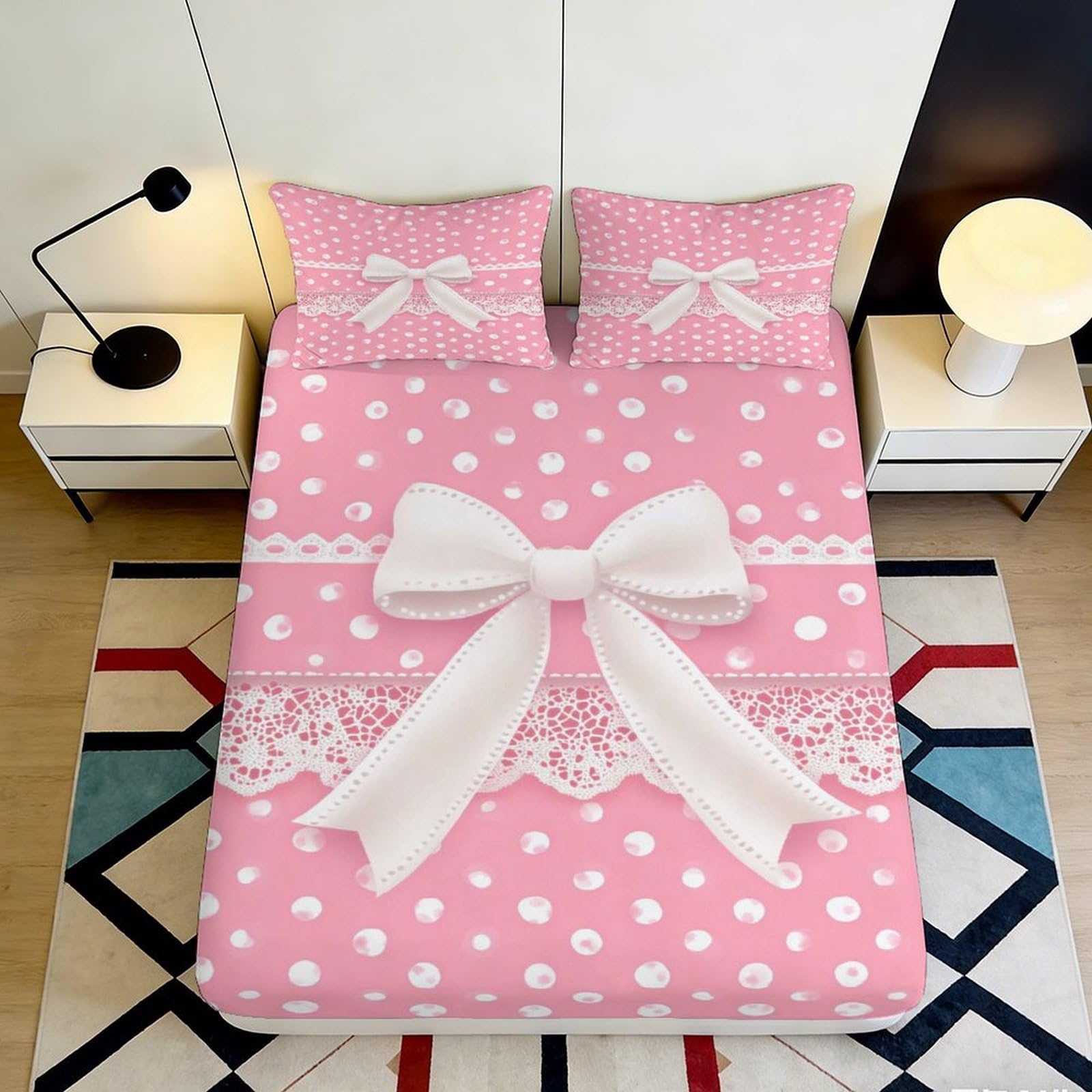 Pnayamiorkfel Style-5 3D Printed Pink Polka Dot Bow Fitted Sheet Microfiber Decorative Lace Bed Cover Anti-Slip Washable For Bedroom Guestroom 90X200x25cm