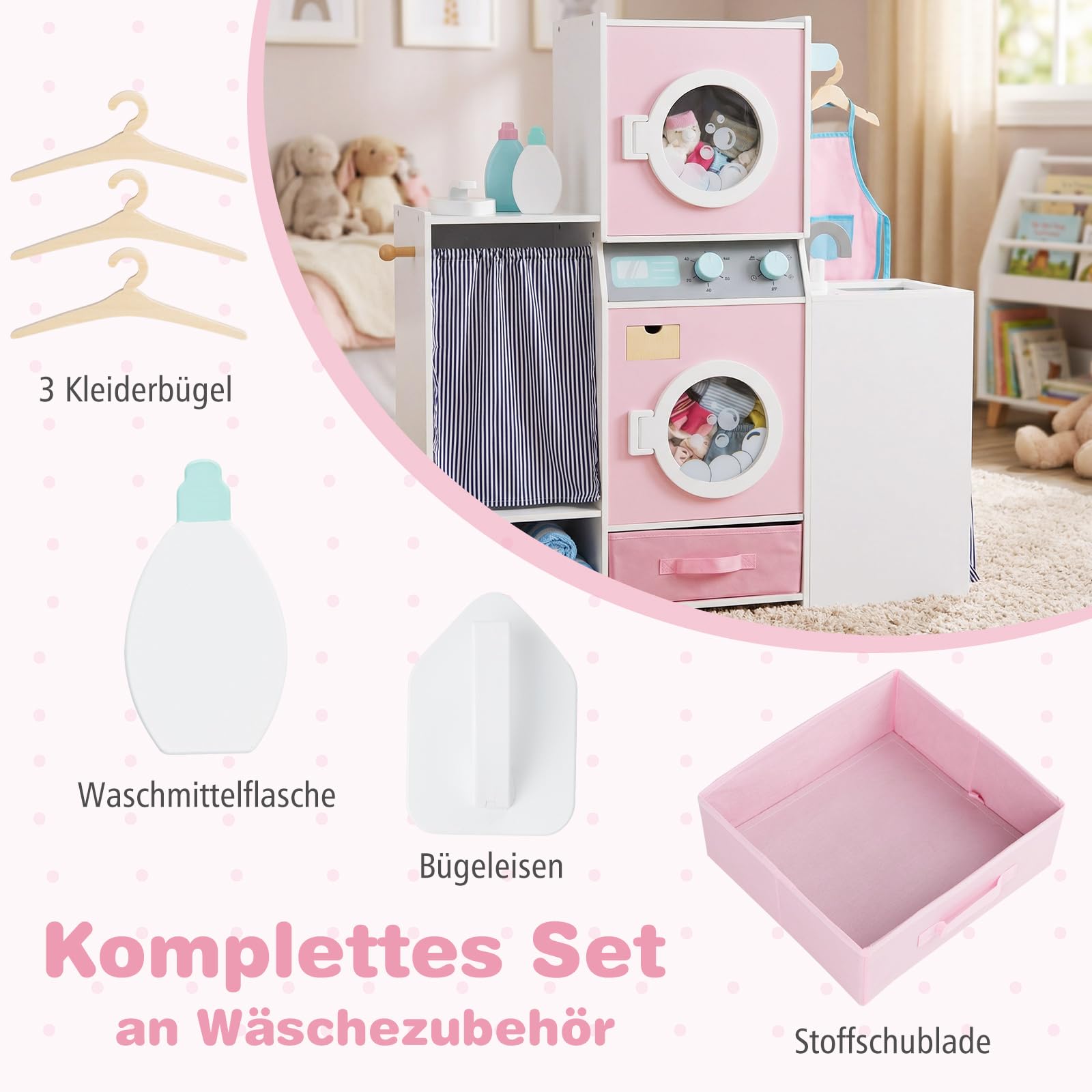 COSTWAY Kinder Waschmaschine Holz, Spielzeug Waschmaschine-Set mit Waschmittel, Bügeleisen, Kleiderbügeln & Stoffschublade, Wäsche-Set für Kinder ab 3 Jahren