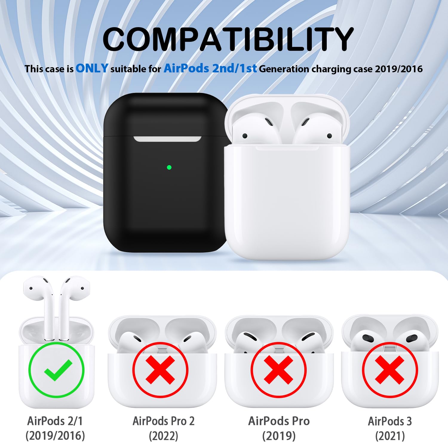 Custodia per Airpods 1a/2a generazione (2016/2019),Custodia protettiva in morbido silicone per Airpods 1a/2a con LED visibile sulla parte anteriore,con kit di pulizia,Nero