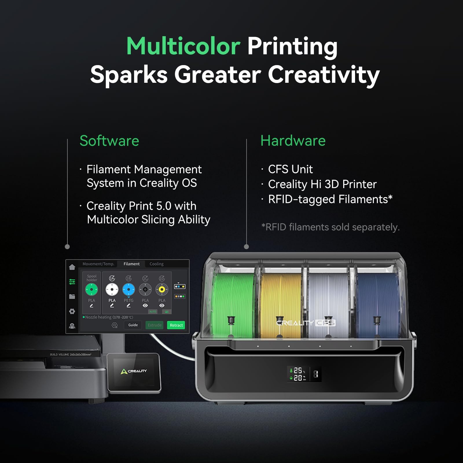 Creality Hi Combo 3D-Drucker, mit 16-Farben CFS, 500 mm/s Hochgeschwindigkeit, 260×260×300 mm Bauraum, Auto-Leveling, FOC Servo, 12.000 mm/s², RFID-Scanner & Filamenterkennung