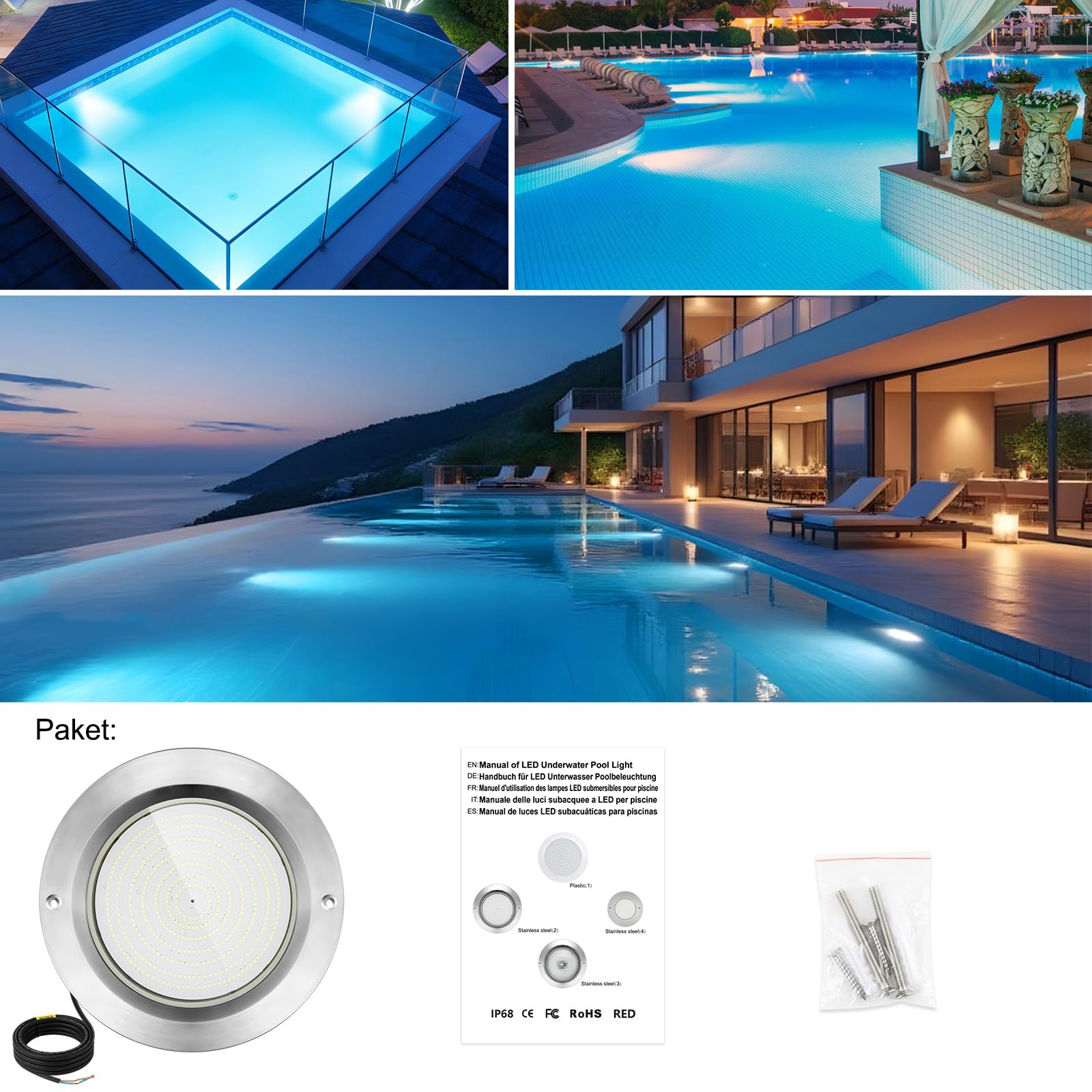 COOLWEST Harz Gefüllt LED Poolbeleuchtung Extra Flach, 36W Kalteweiß, IP68 Wasserdicht, 12V DC, 6000K