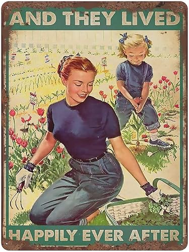 Dreacoss Letrero de hojalata retro con texto en inglés "They Lived Happily Garden", decoración de jardín, plantas, arte de pared botánico para el