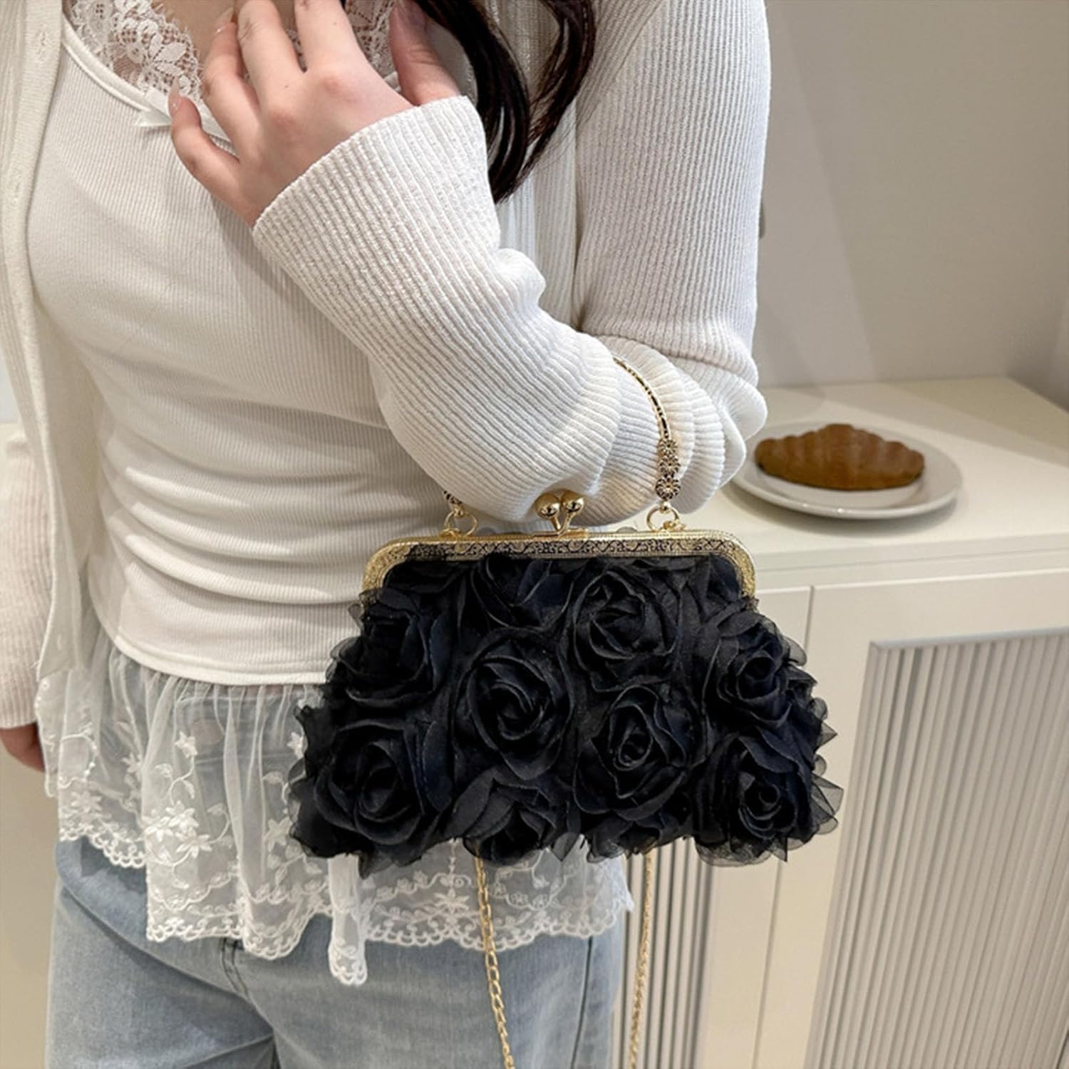 Women Clutch Purses, Elegant 3D Rose Lace Evening Bag, Vintage Retro Evening Clutch, Crossbody Shoulder Purse