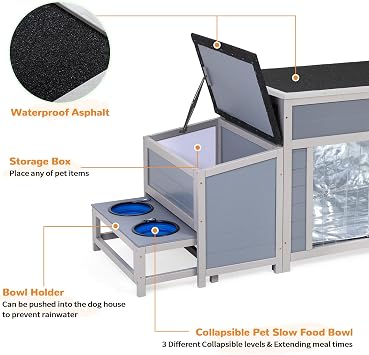 COZIWOW 59 Insulated Outdoor Dog House | Waterproof All Weather Pet Shelter with Removable Thermal Liner, 2 Slow Feed Bowls, Wooden Shelter for Medium Dogs, Cats, Livestock