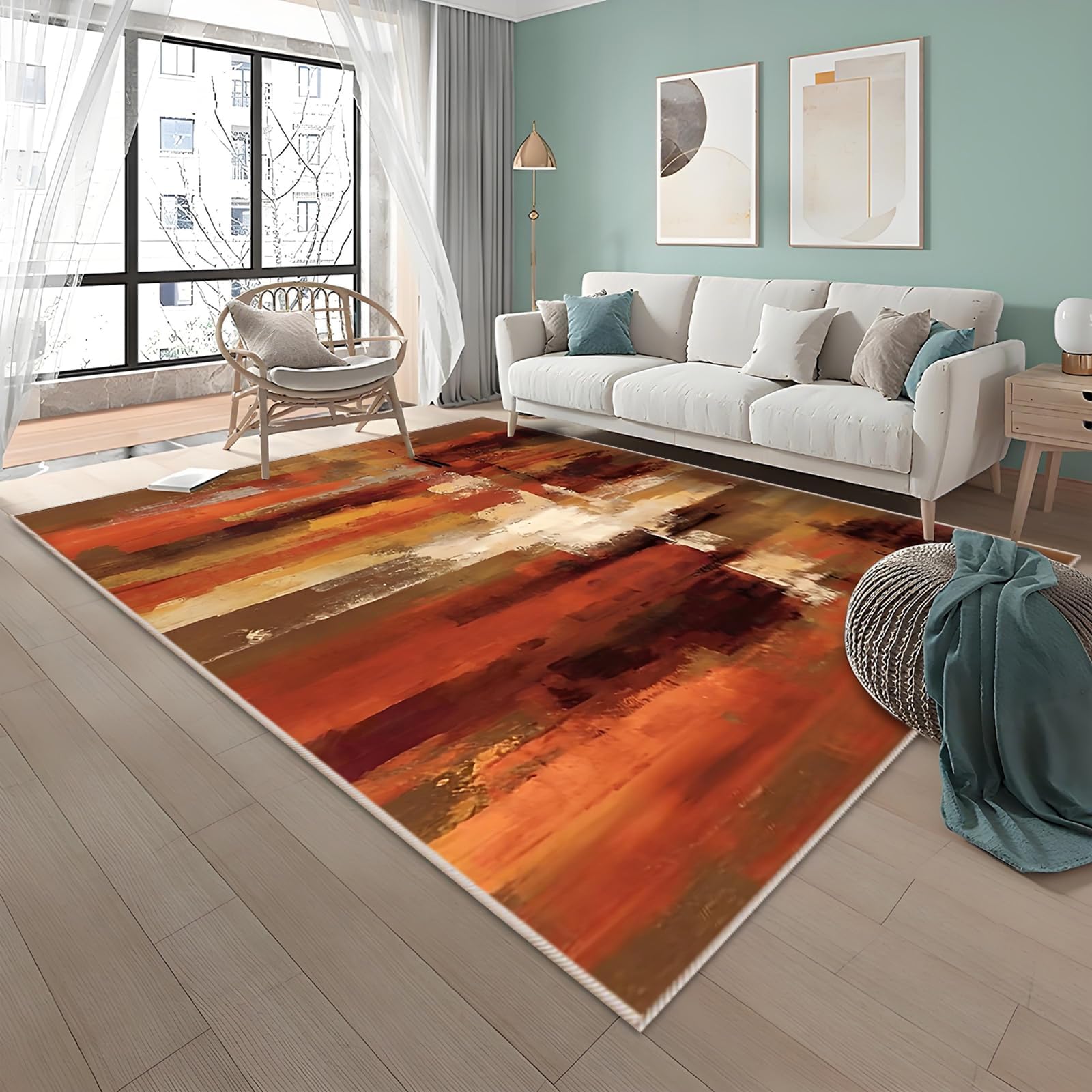 FTCJWL Large Orange Rug 200x300cm,Red Rugs for Living Room,Abstract Carpet Anti Slip Soft Short Pile Easy Clean,for Girls Bedroom,Brown — image 1