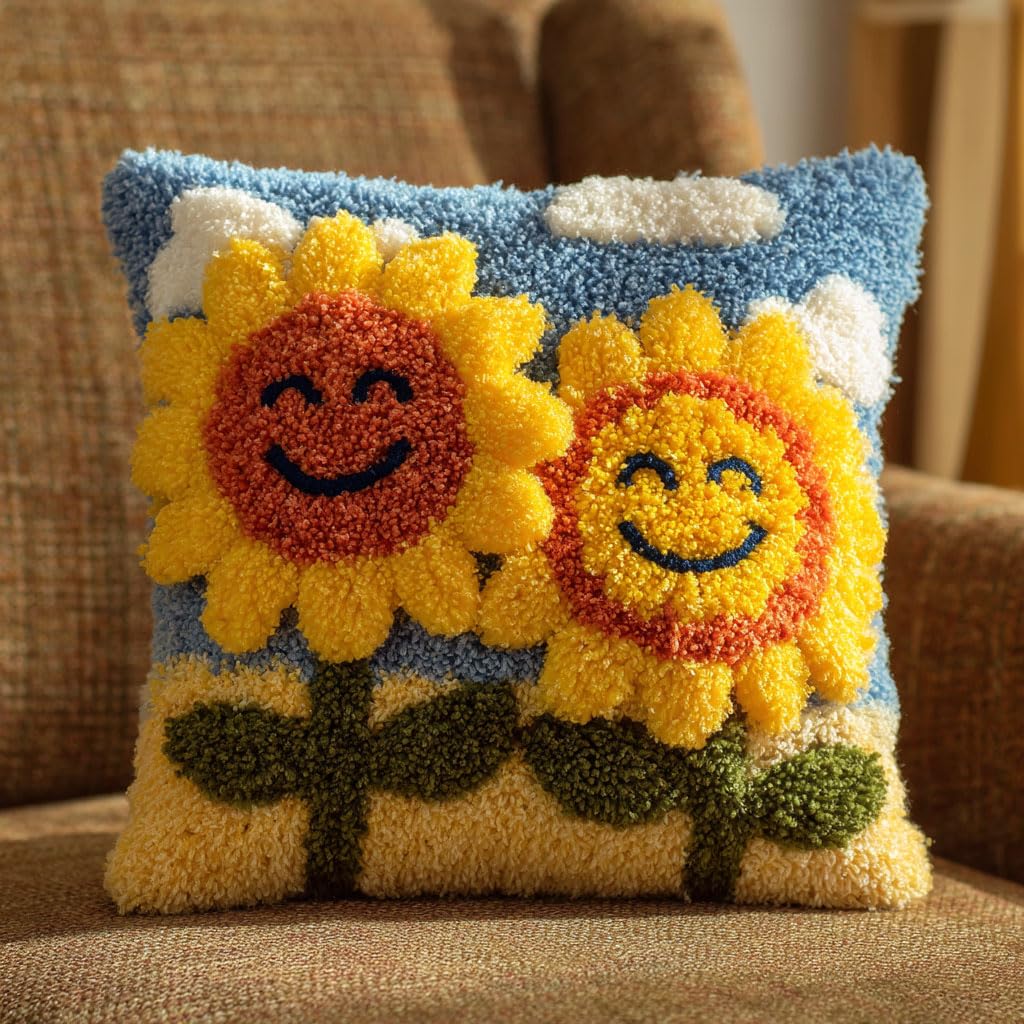 Taxpy Latch Hook Pillow Kits, Sunflower Flowers Pillowcase with Preprinted Throw Pillow Crochet Yarns Knitted Latch Hooking Cushion for Home Sofa 17x17inch
