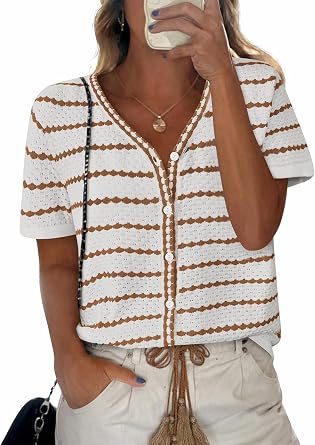 NALANISA Womens Short Sleeve Sweater Spring Summer Crochet Knit Tops 2026 V Neck Striped Button Down Dressy Casual Blouses