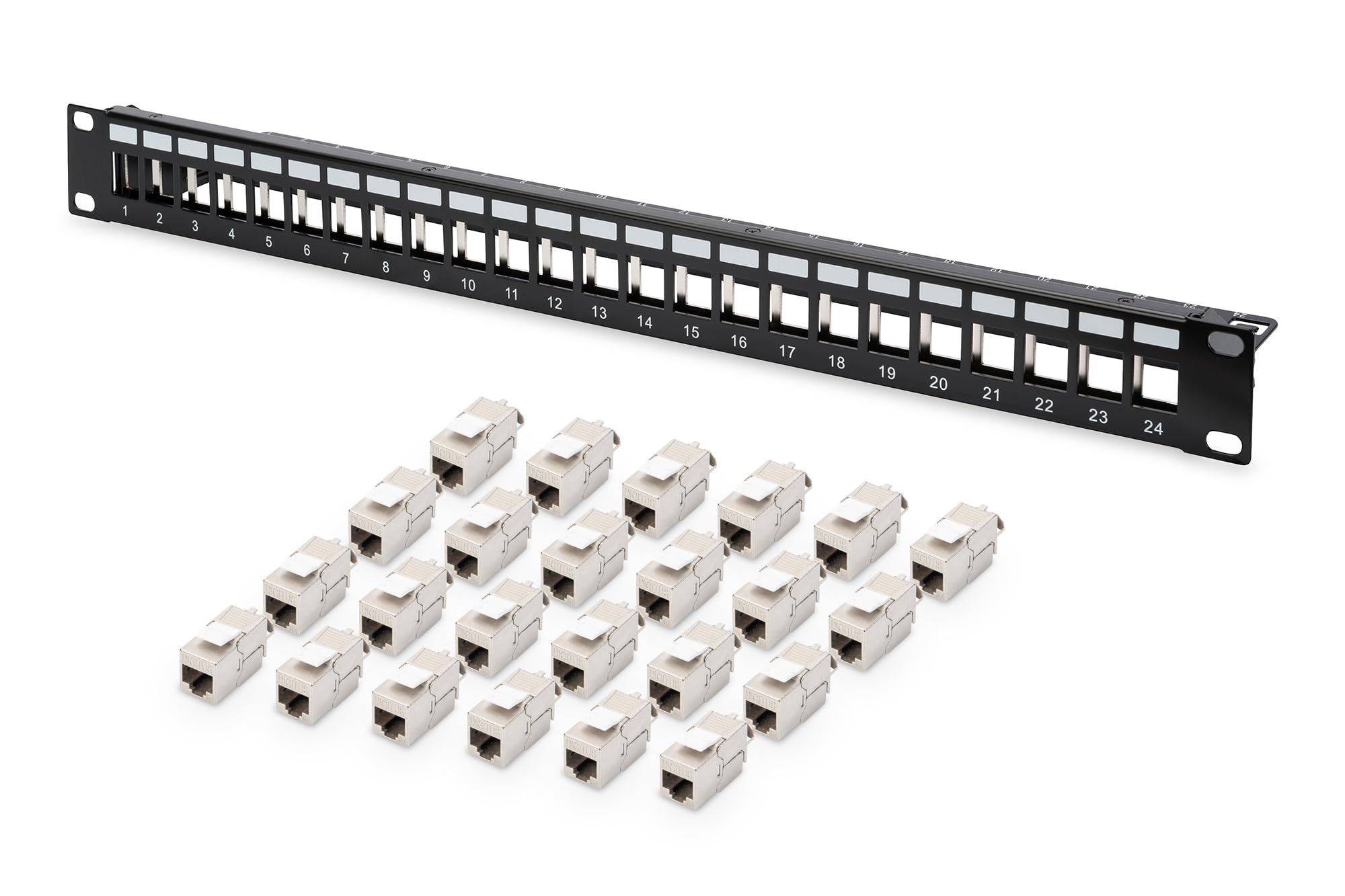DIGITUS Patchpanel – Modular – 19-Zoll – 24-Port – Geschirmt – Rack-Montage 1HE – Schwarz – Mit 24x Cat6A Keystone-Modul