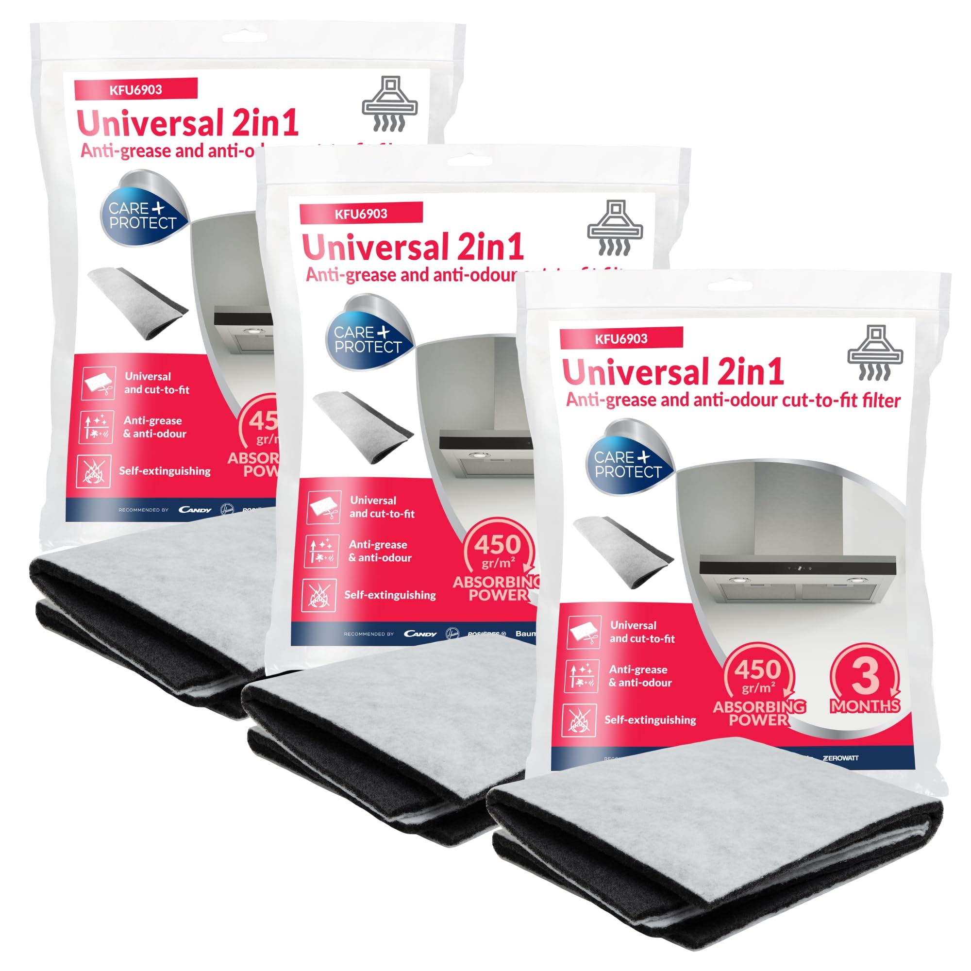 Care+Protect 2 in 1 Anti-Grease and Anti-Odour Filter for Hoods - Universal - Cut-to-Fit - High Absorption Power x3