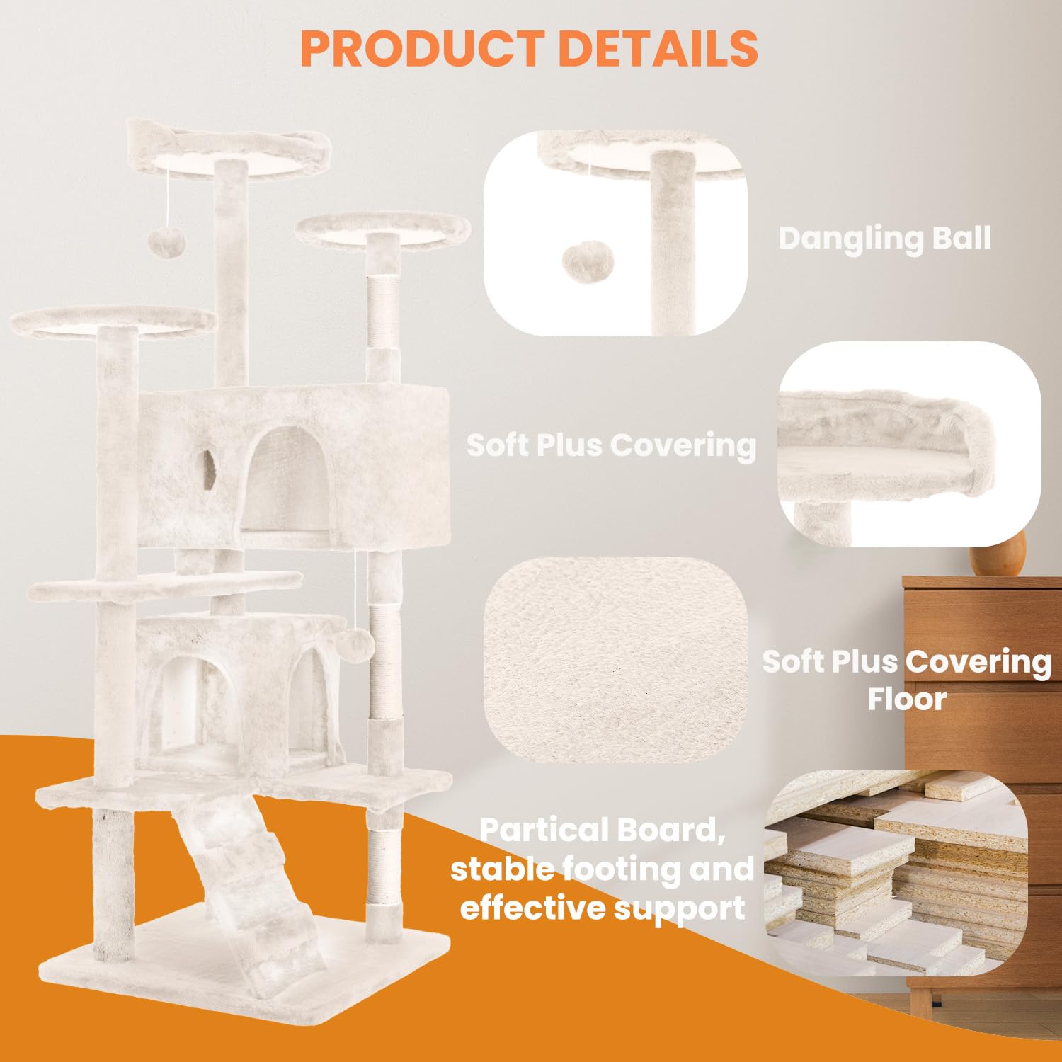 MGHH 54.7 inches Cat Tower for Indoor Cats, Multi-Level Cat Condos with Scratching Posts, Hanging Toys, Beige