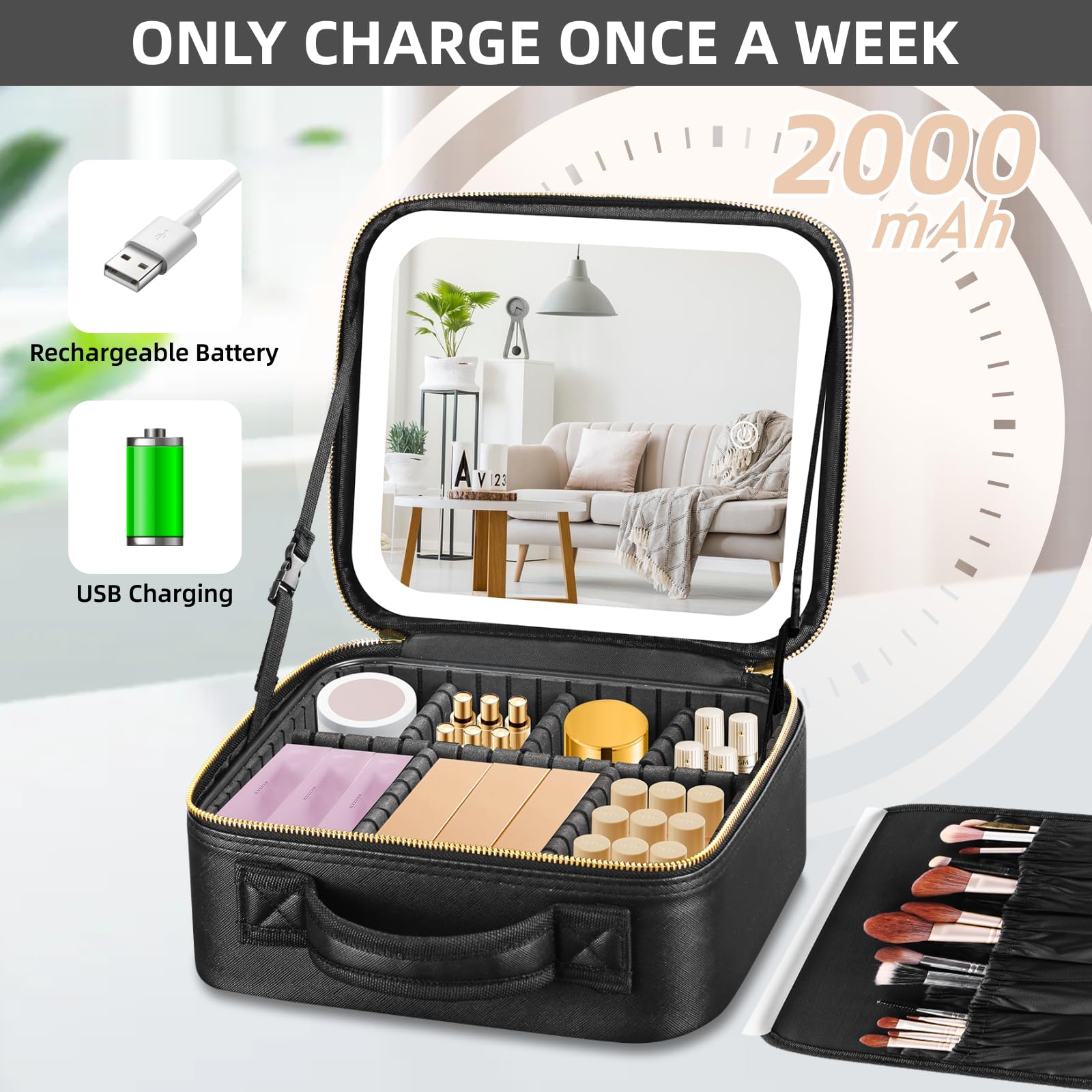 Travel Makeup Bag with LED Mirror 3 Color Setting,Travel Makeup Organizer,Makeup Case with Adjustable Dividers,Waterproof Makeup Box with 10X Magnifying Mirror,Black - Image 3