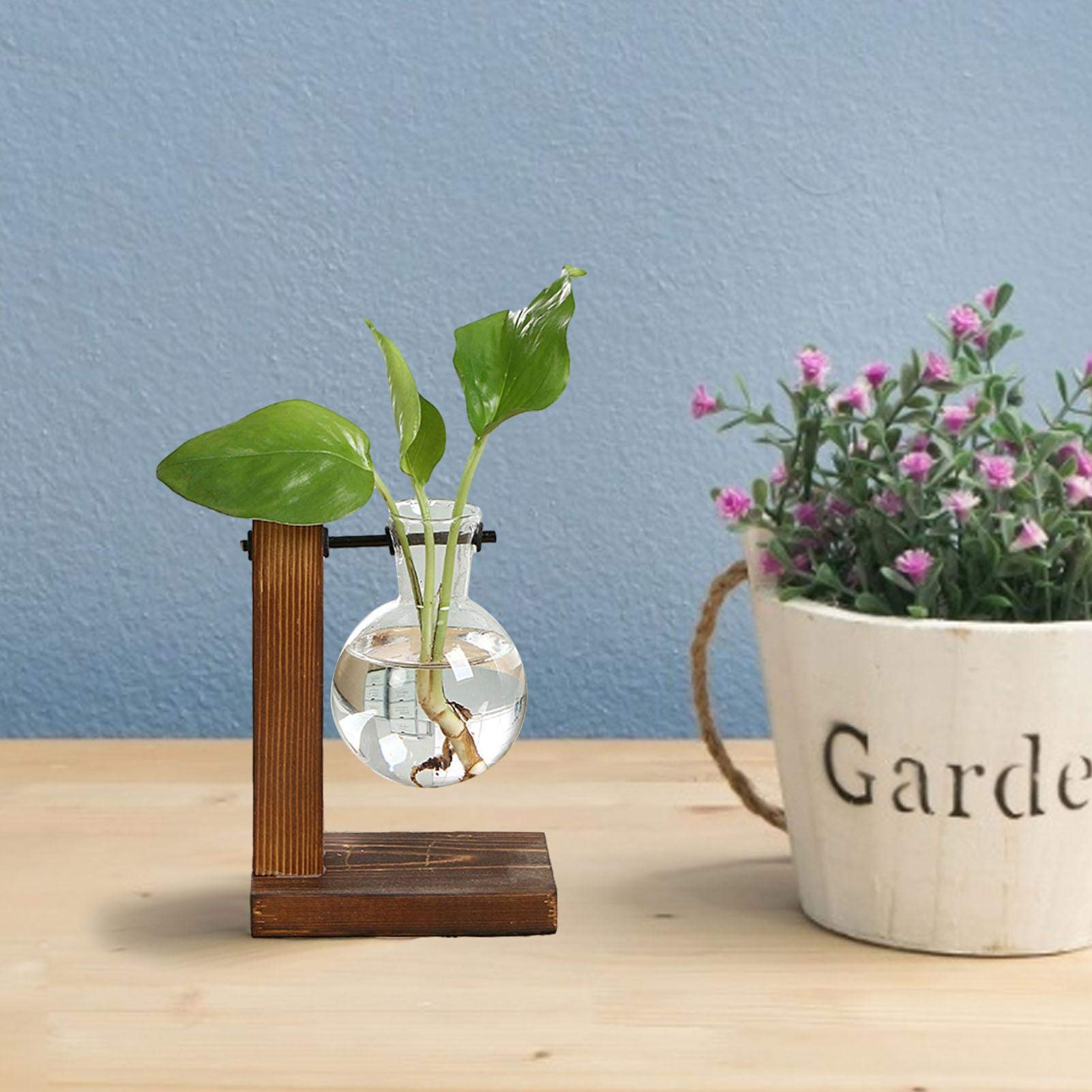 Qiyifang Green Desktop Vase Home Decoration, Glass Planter Bulb Vase Glass Air Plant Holder Glass Terrarium Desktop Plant Terrarium With Wood Stand For Hydroponics Plants Home Garden Wedding Decor