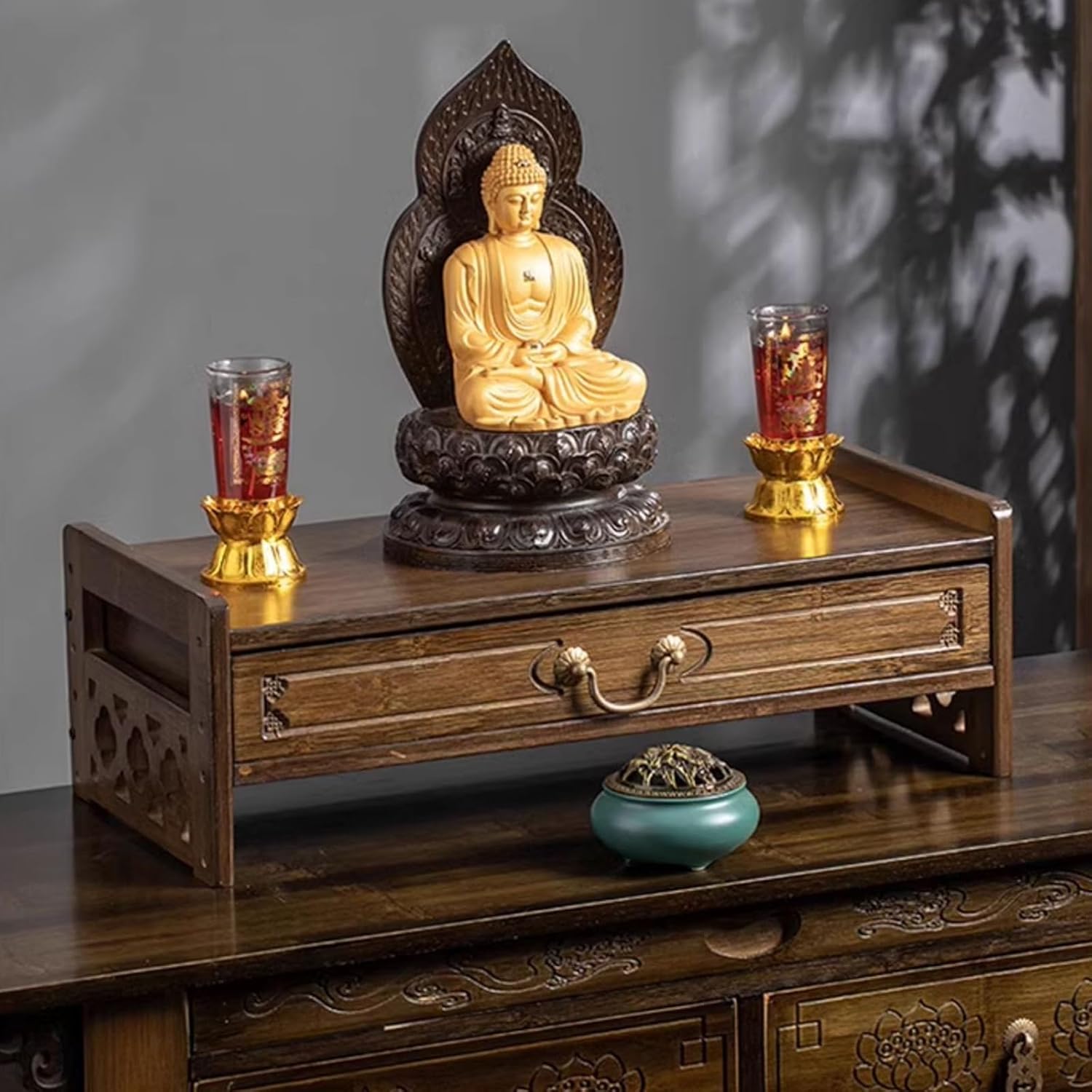 HARELA Meditation Altar Table with Storage, Small Meditation Table, Natural Bamboo Puja Table with Drawer, Buddhist Prayer for Small Spaces(Light Brown,42cm/16.5in)