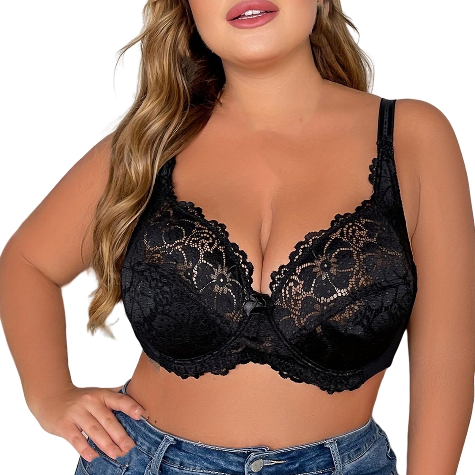 SCOCCA Women's Plus Size Embroidery Lace Bra Sheer Lace Bra Plunge Unlined Full Coverage See Through Underwire Bra Black