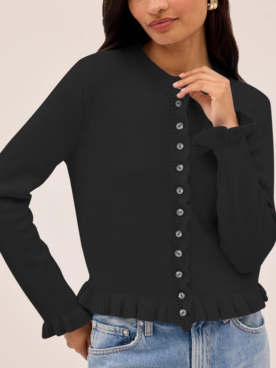 Balimtoy Womens Cropped Ruffle Cardigan Lightweight Crewneck Long Sleeve Button Down Cotton Fall Sweaters Cute Knit Top - Image 3