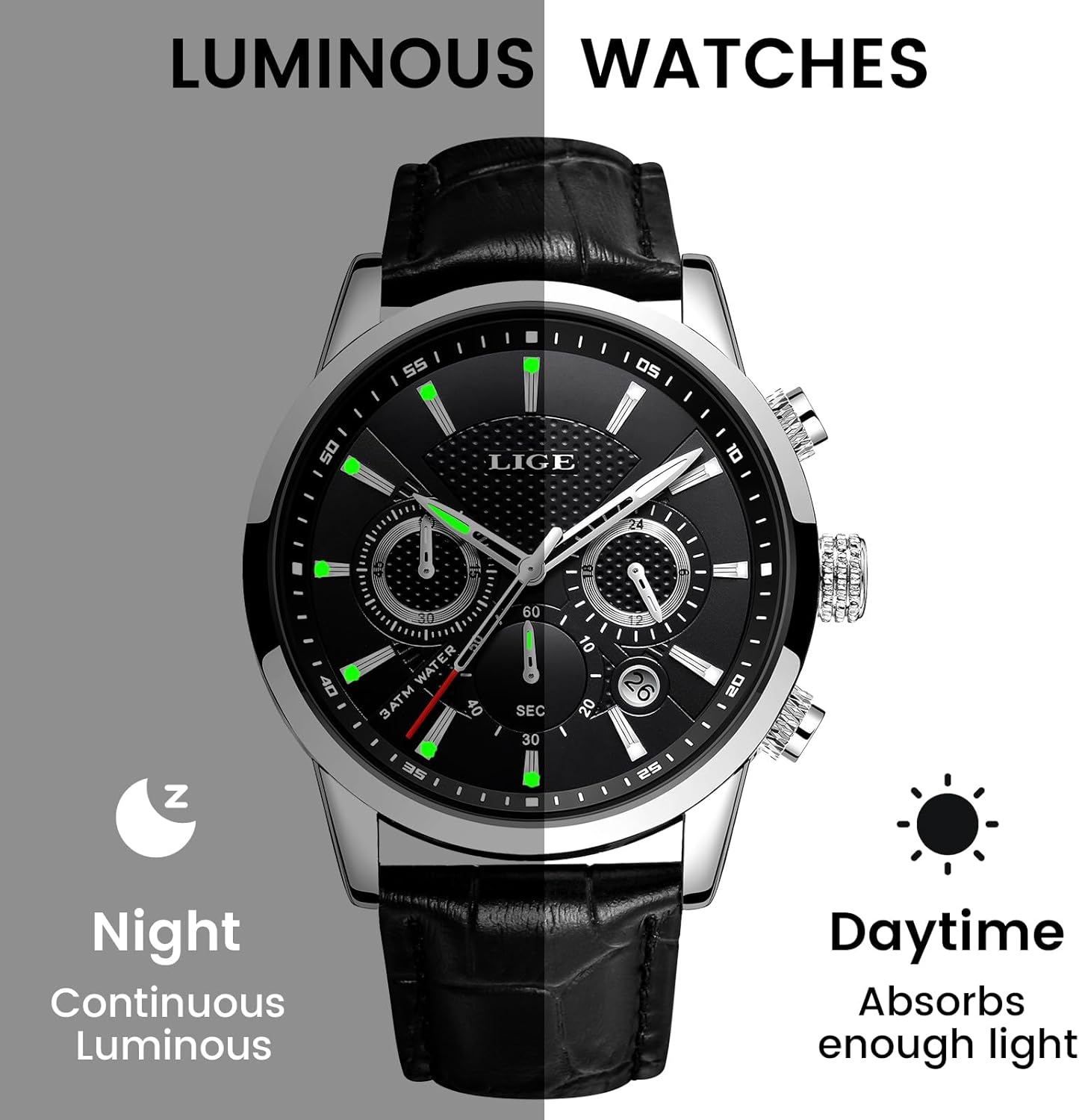 LIGE Wrist Leather Watches for Men Analog Dress Chronograph Waterproof Vintage Work Casual Quartz with Date Display Chronograph Luminous 30M Water Resistant Business Classic Mens Watch