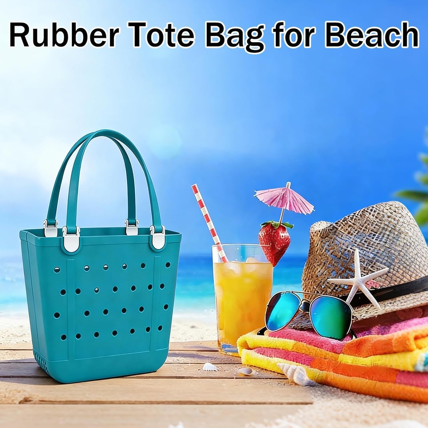 Medium Rubber Beach Bag, Waterproof Tote Bags Washable Sand-proof Travel Hand Bags for Pool Boat Work Sports - Image 3