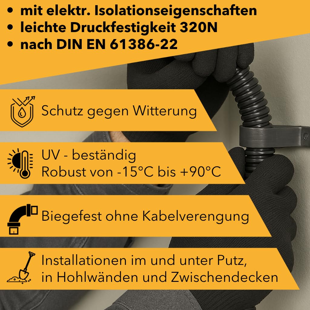 Wellrohr M25 UV-Beständig | 25m Leerrohr ungeschlitzt - Innendurchmesser 17,4mm - Flexrohr Kabelschlauch für Erdkabel nach DIN EN 61386-22 flammwidrig, flexibel für leichte Kabelverlegung