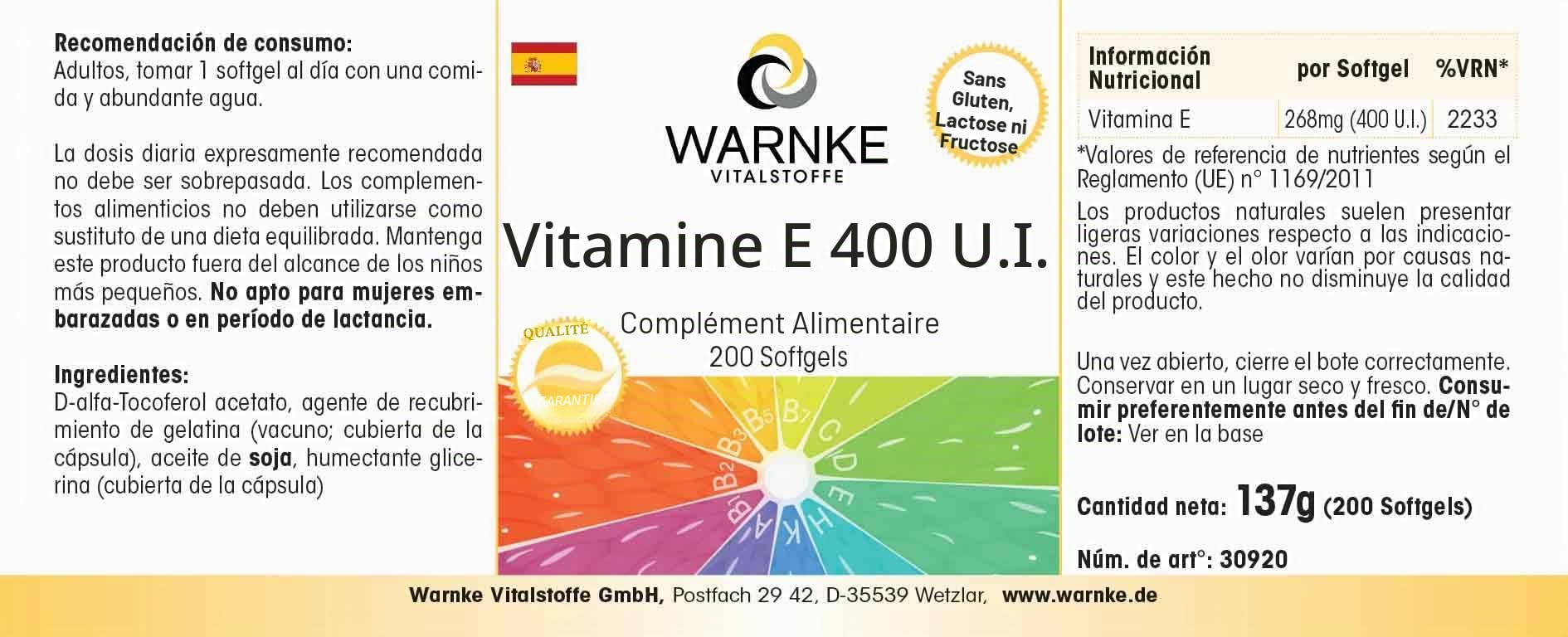 Vitamine E 400 U.I. - 200 softgels pour 200 jours, antioxydant, emballage en gros | Warnke Vitalstoffe - Qualité des pharmacies allemandes