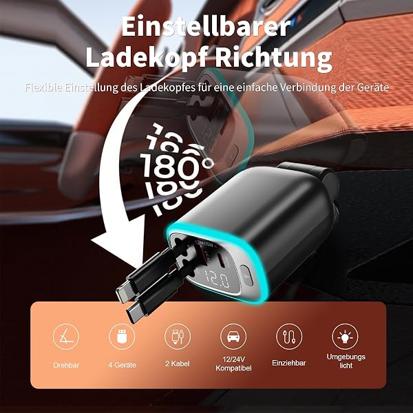 Chargeur de voiture 4 en 1 USB C PD - Chargeur rapide avec câbles rétractables - Adaptateur de voiture compatible avec iPhone 16 Pro Max, Samsung, Xiaomi, iPad, AirPods - 2