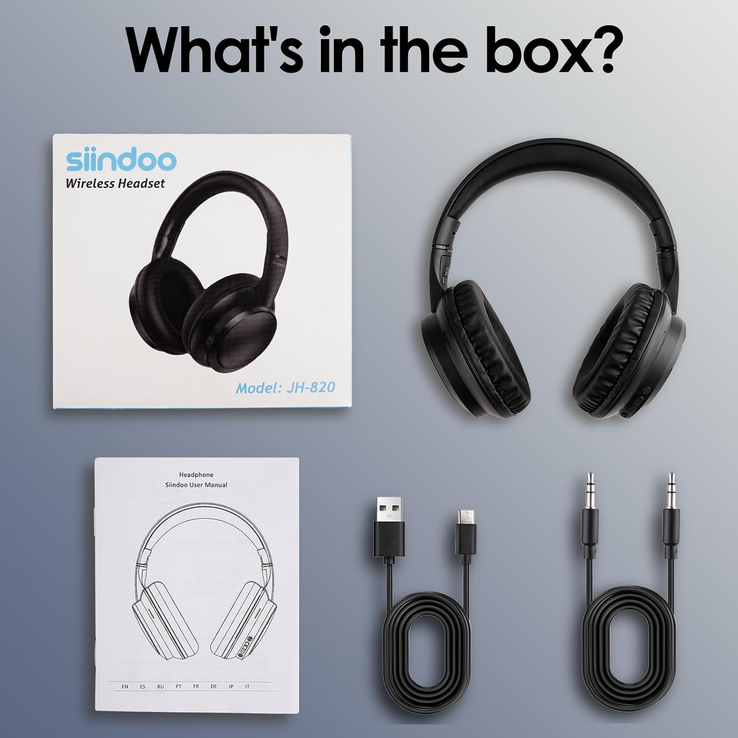 Contents of the Siindoo JH-820 headphone box, including the headphones, charging cable, AUX cable, and user manual.