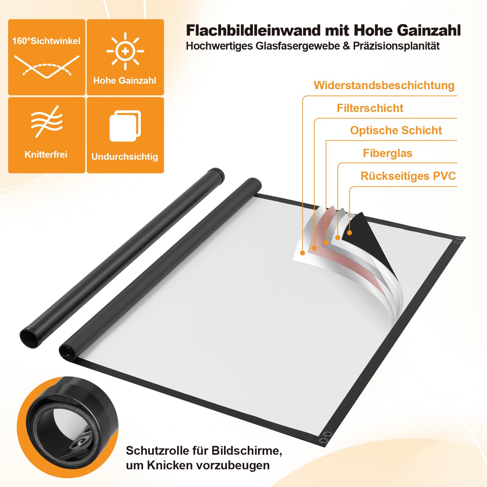 Beamer Leinwand Outdoor mit Stativ, 80 Zoll (16:9), Tragbare Beamer Leinwand, Windresistentes Design für Projektionsleinwand, inkl. Heringen & Seilen, Hohe Gainzahl, 4K Bild für Heimkino und Camping.