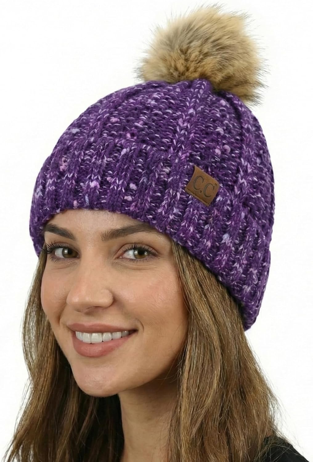 C.C Women’s Popcorn Confetti Knit Beanie Fuzzy Insulated Lined with Faux Fur Pom – Warm Winter Hat & Cozy Skull Cap