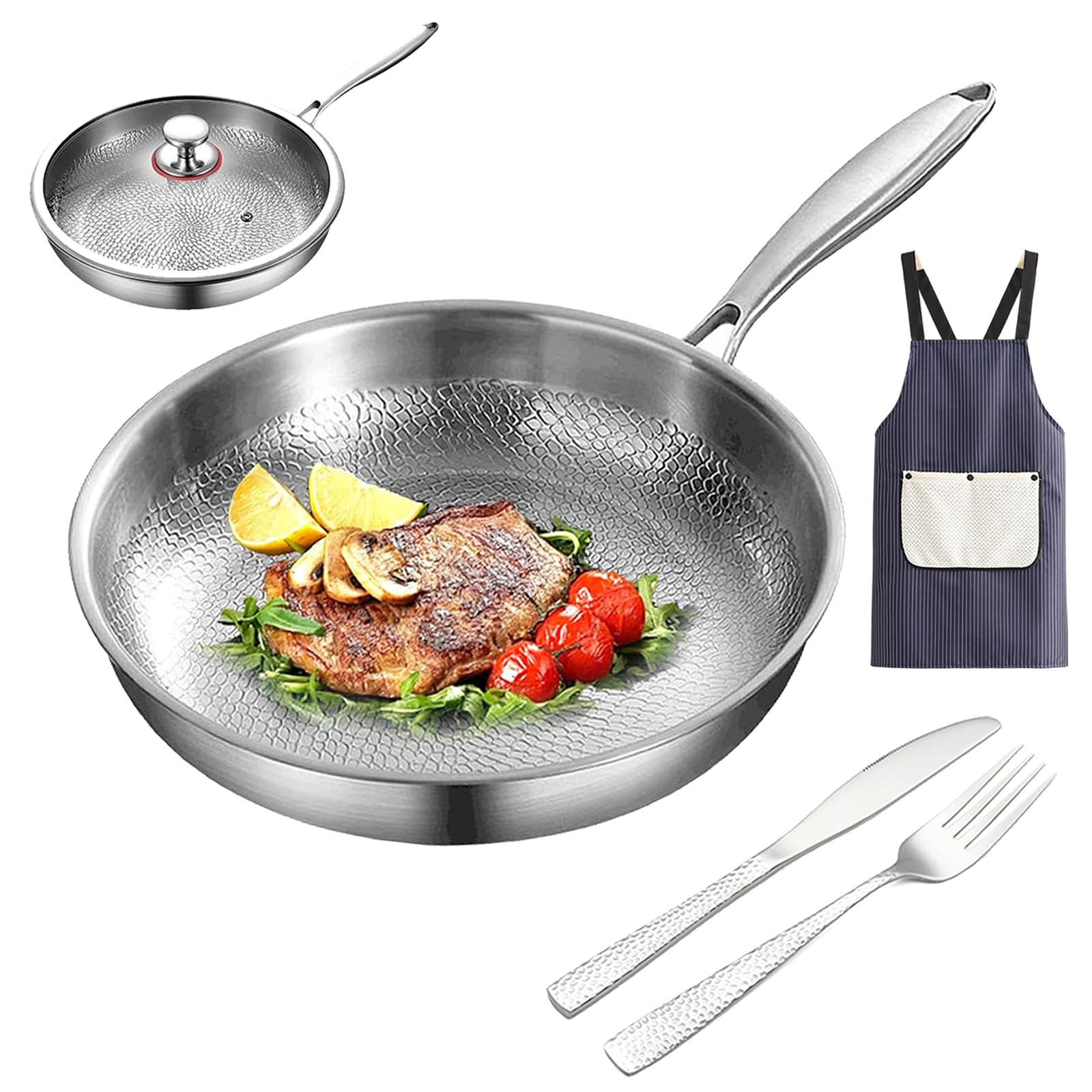 Gienslru Titanium Hammered Pan Pro, Upgrade 100% Pure Titanium Frying Pan with Lid and Hammered Tableware, Non-Stick & Scratch-Resistant, for Cooking, Frying, and Baking (26CM)