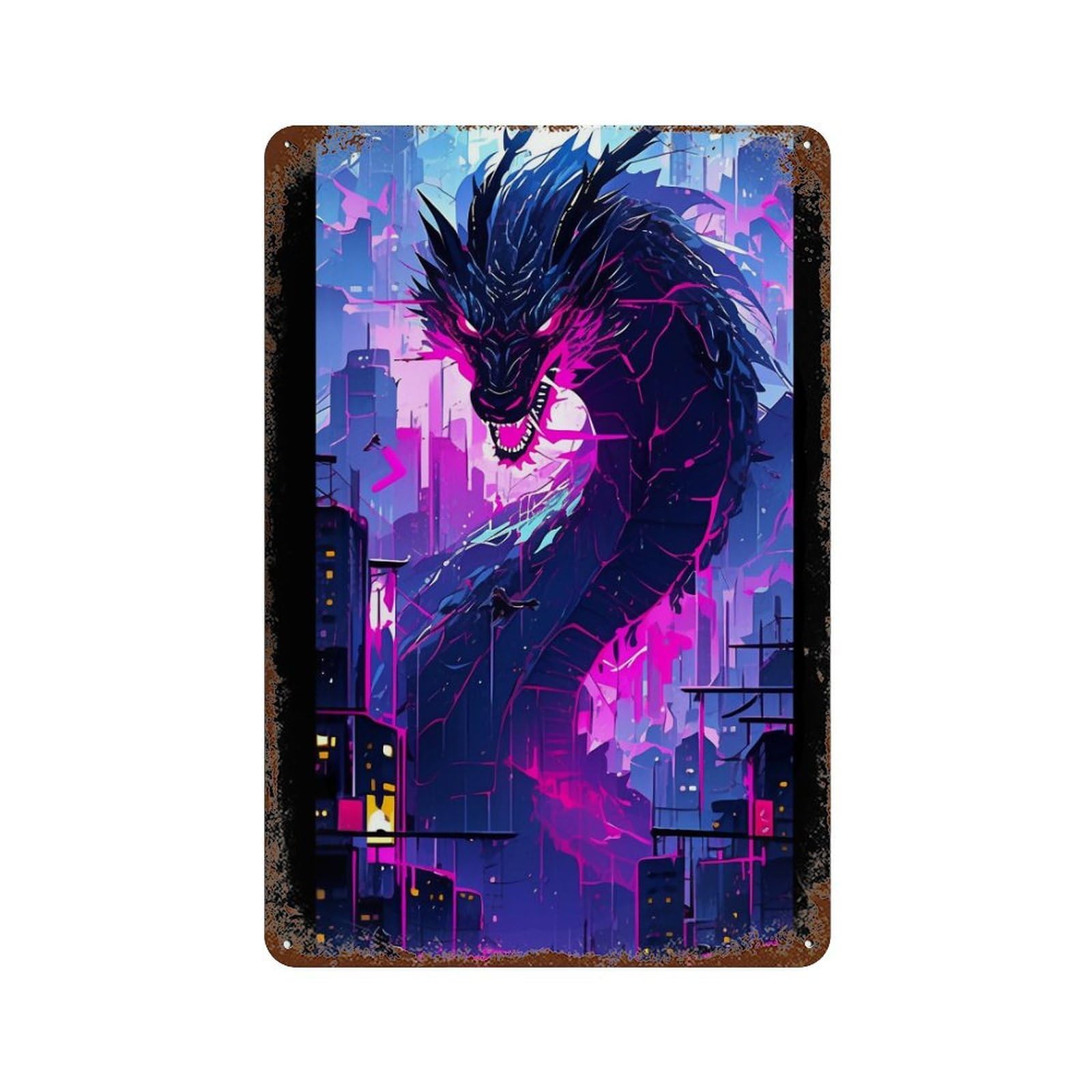 Rust Effect Cityscape Monster Attack Rusty Metal Tin Sign 11.8"x7.9", Old School Wall Decor for Garage, Bar And Workshop Decor