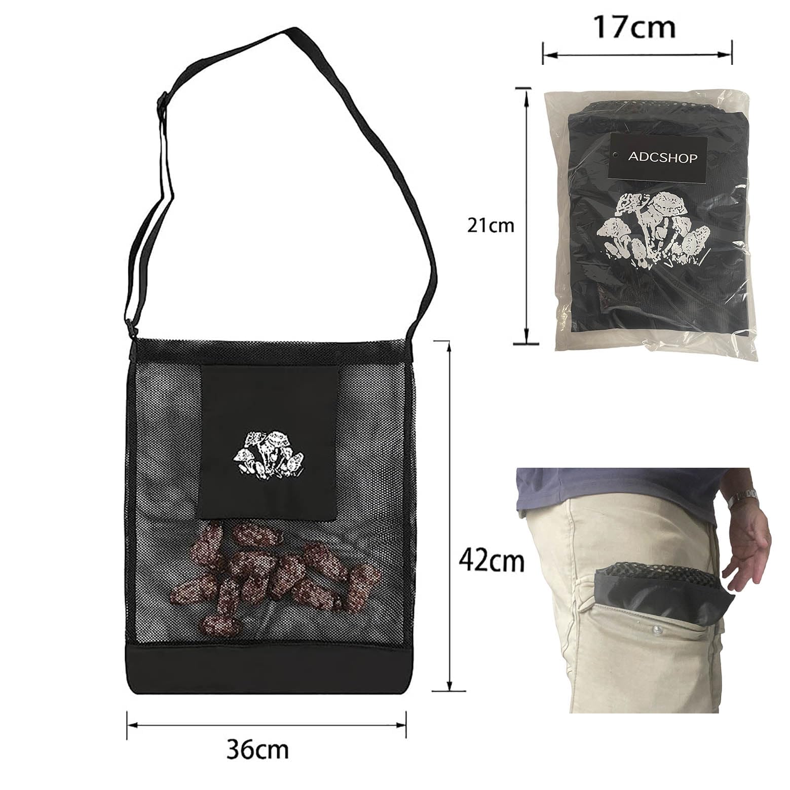 Borsa per la raccolta dei funghi in Nylon 42x36 cm pieghevole a rete con cinghia regolabile