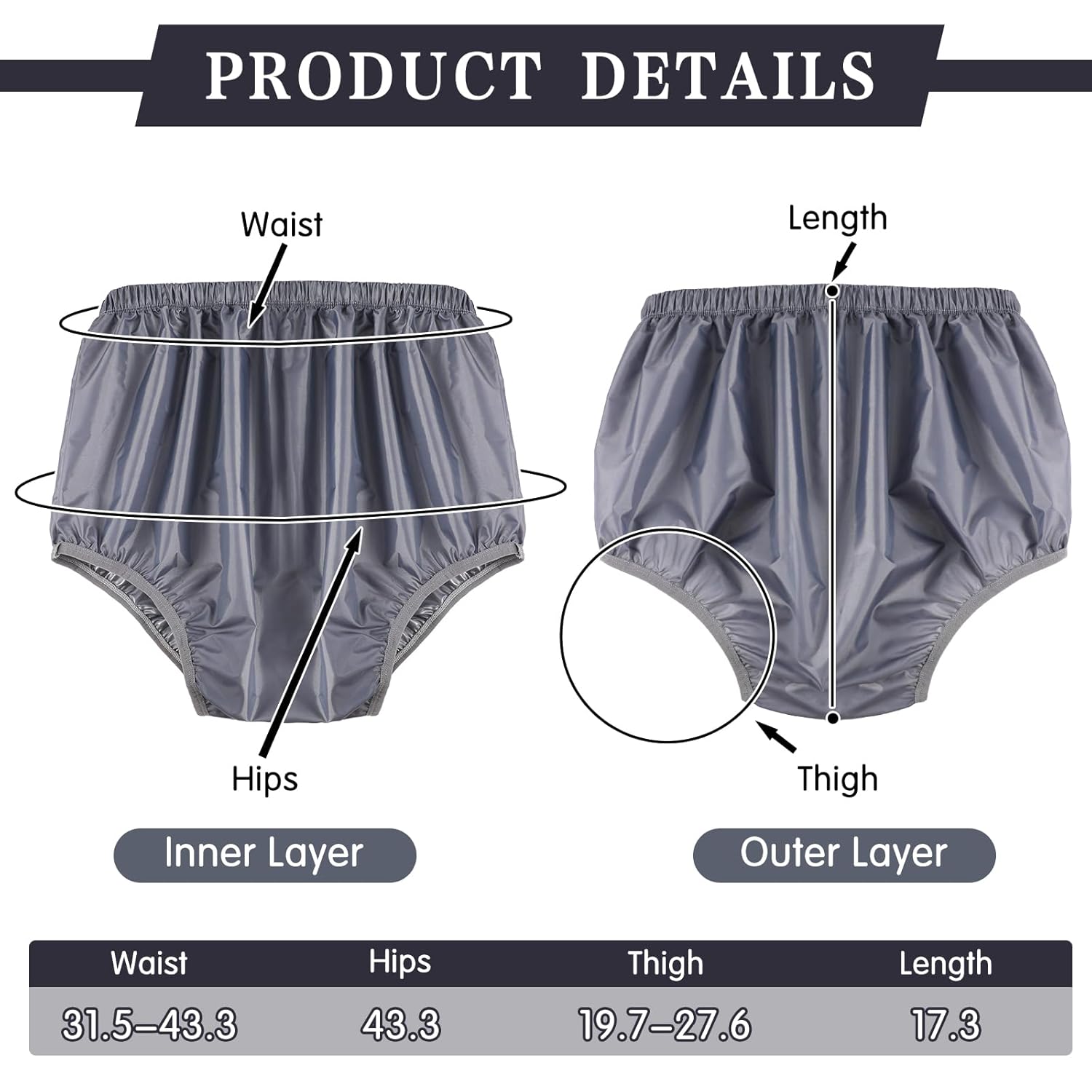 5 Pcs Adult Leakproof Underwear for Incontinence Washable Reusable Waterproof Pants Diaper Pull-On Cover Cloth Use Women Men(X-Large,Gray)