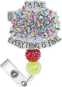 Christmas Badge Reel for Nursing, Funny Im Fine Light Strip Retractable Nurse ID Badge Holder, Acrylic Glitter Badges with Alligator Clip for MA RN LPN Medical Assistant Work Accessories
