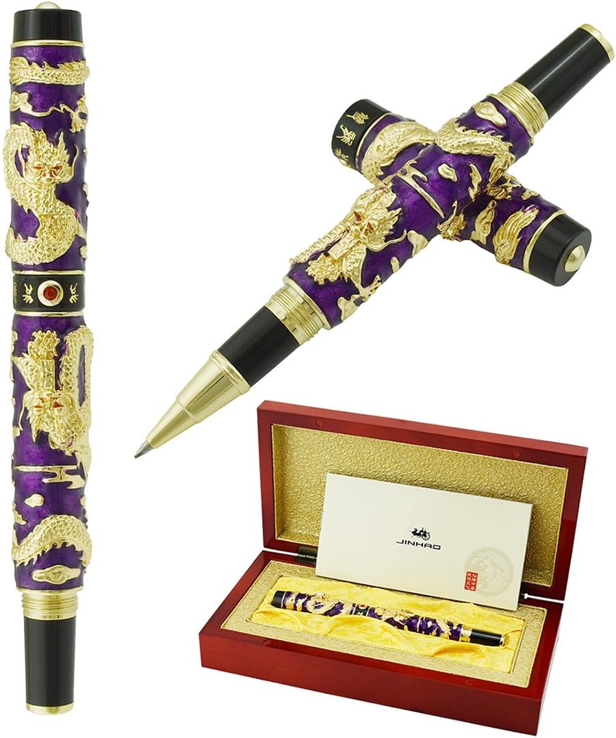 Jinhao Double Dragon Rollerball Pen Purple Cloisonne Enamel Handcraft for Signature and Collection with Wooden Gift Box