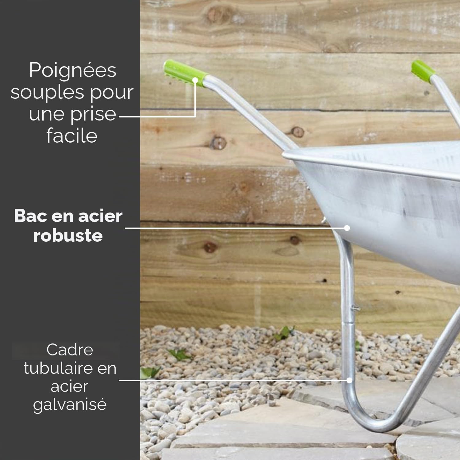 Neo® Brouette de jardin/maison en acier galvanisé avec pneu (65 L)