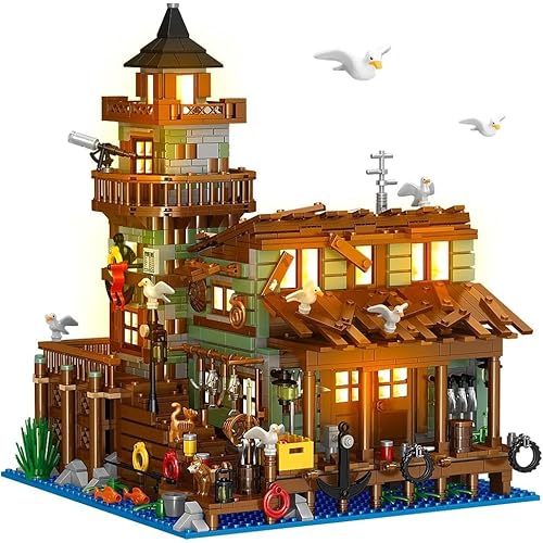 Fishing Village Store House Building Set with LED Light, 1845PCS Wood Cabin Mini Building Block Architecture Kit for Adults Boys Girls Ages 8+