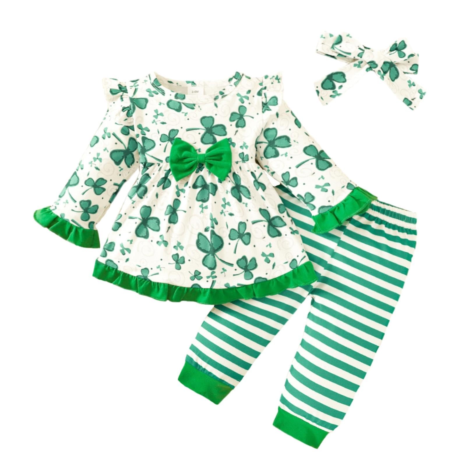 Baby Girl St Patricks Day Outfit Infant Long Sleeve Clover Print Ruffle Tops Striped Pants (Green, 3-6 Months)