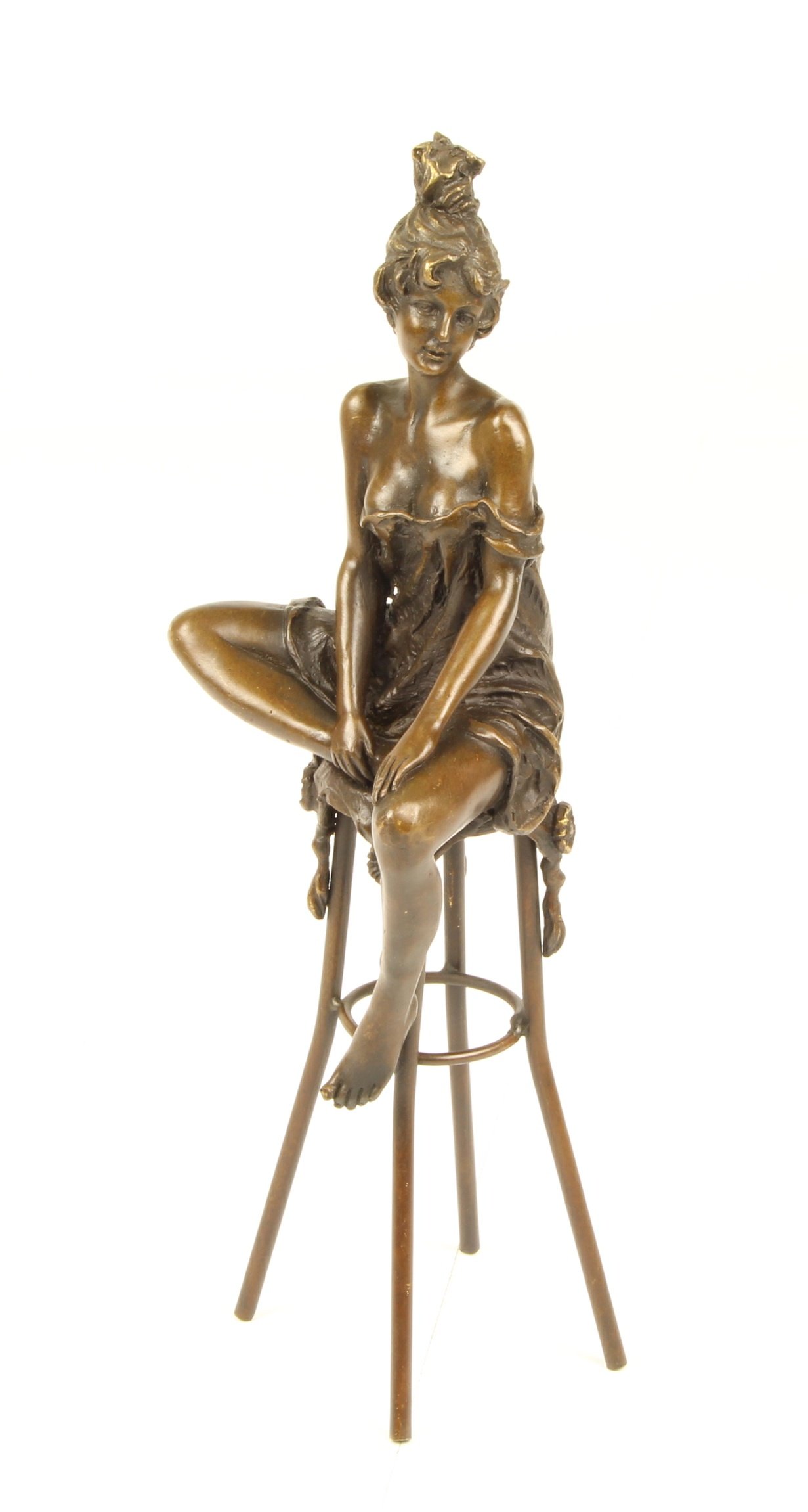 Moritz Bronzefigur Elegante Dame auf Barhocker Gold Bronze Skulptur 27,8 cm | Kunstguss, bekleidete Damenfigur, goldfarbene Optik, Sammlerstück, Wohnzimmer, Vitrine, Regal, Geschenkidee, Standdeko