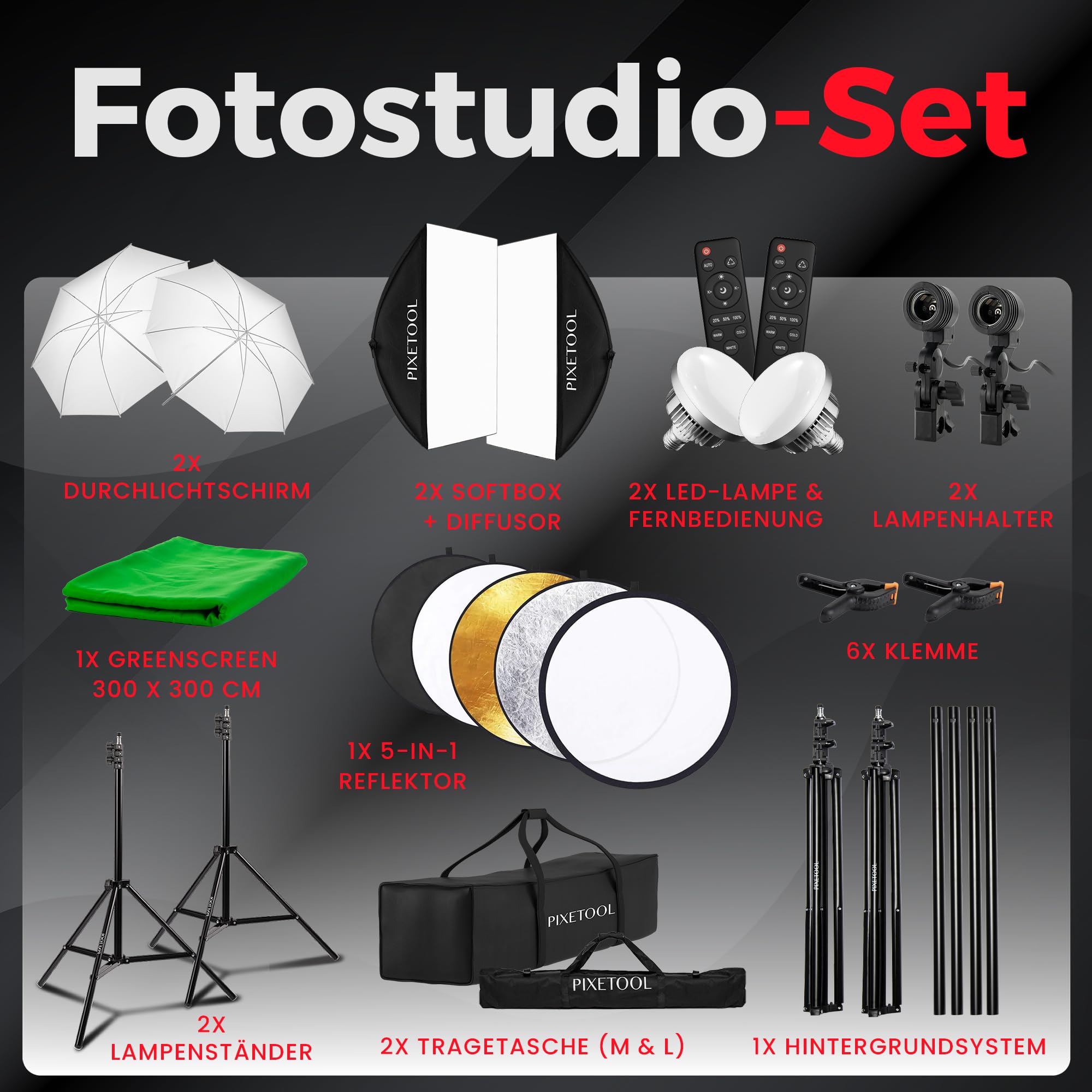 Fotostudio Set - Greenscreen (3 x 3 m) mit Ständer (3 x 2,6 m) - Softbox mit Lampen Set - Green Screen Fotohintergrund - Reflektor - Studiolicht Fotolampe - Streaming Fotografie Hintergrund