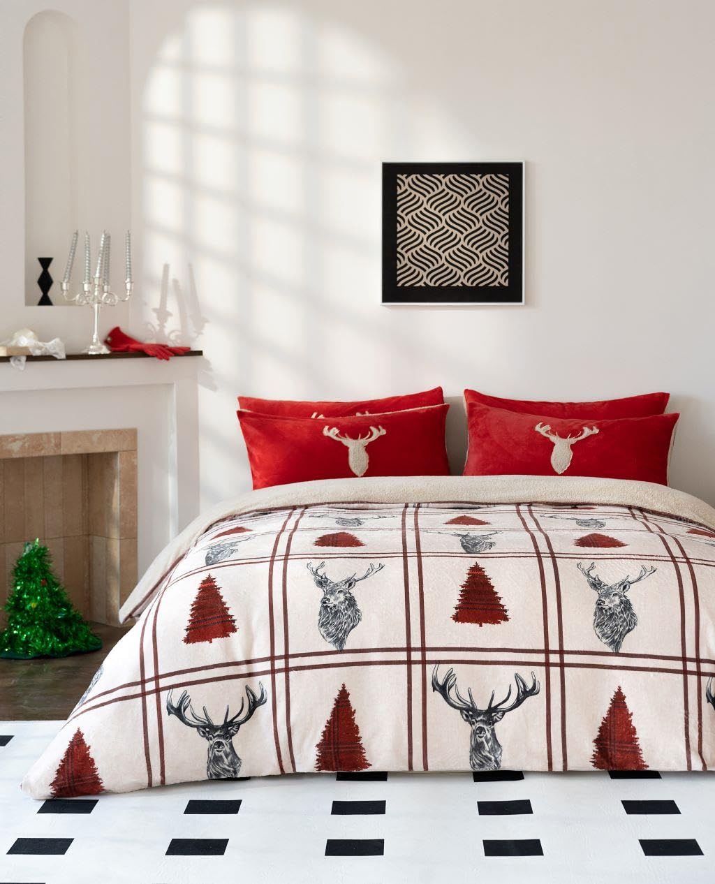 Set copripiumino singolo in pile con cervo e orsacchiotto, colore rosso, per l'inverno