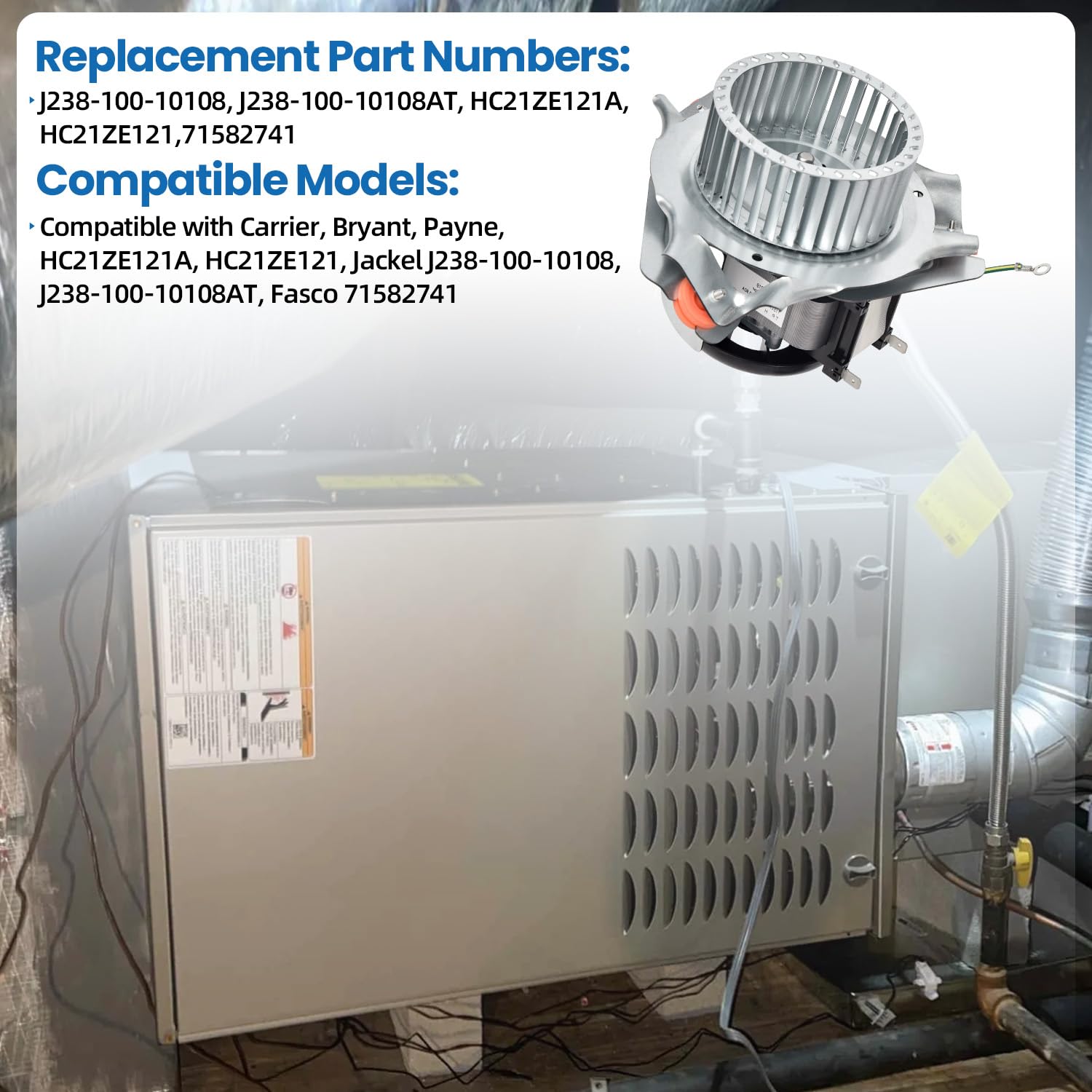 HC21ZE121A, J238-100-10108 Furnace Draft Inducer Motor Kit Compatible with Carrier & Bryant and Payne Furnaces, Replace HC21ZE121, J238-100-10108AT, 71582741 HC21ZE121A Furnace Draft Inducer Motor