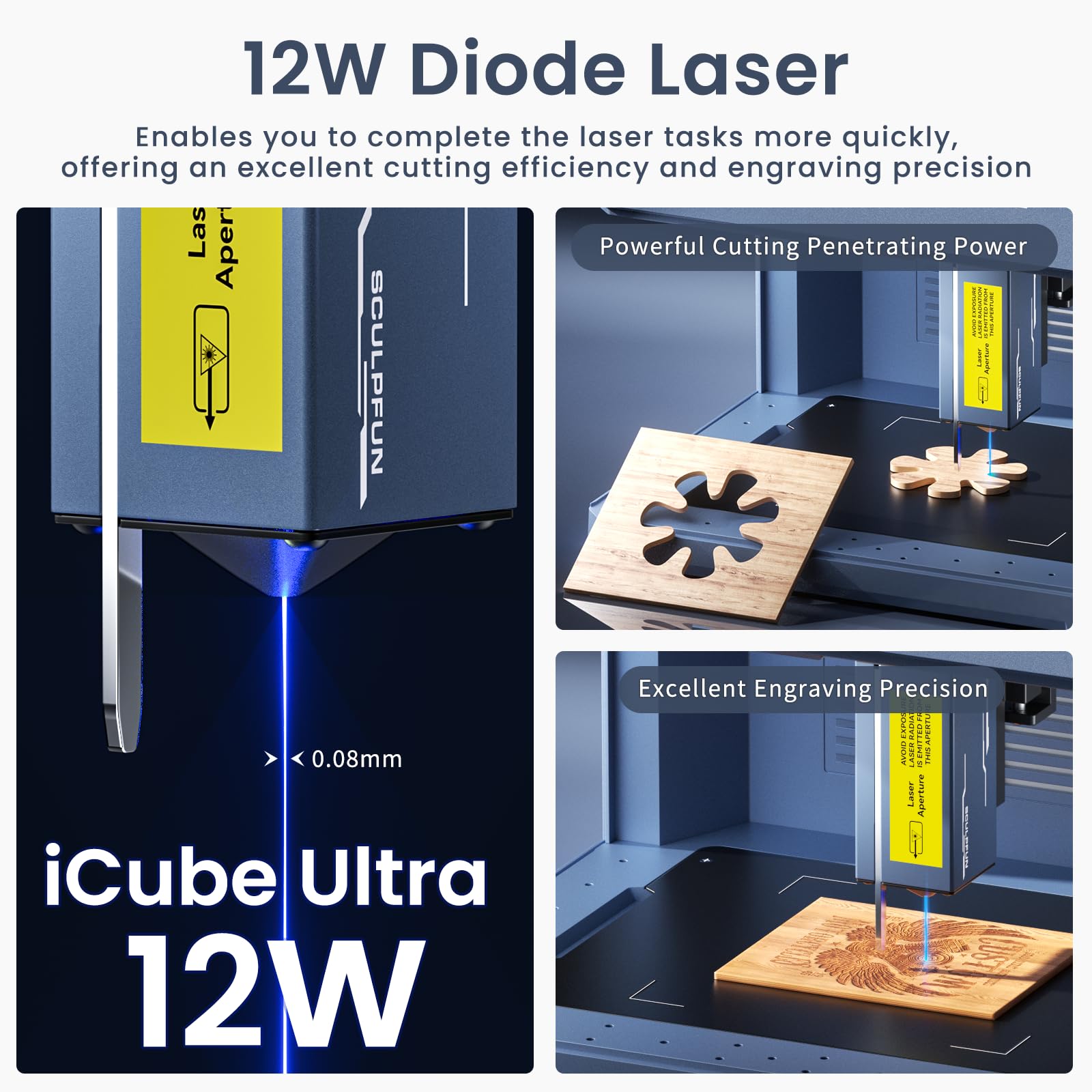 SCULPFUN iCube Ultra 12W macchina per incisione laser portatile e macchina per incisione laser con filtro del fumo, completamente chiusa, messa a fuoco automatica, per incisione fai da te, legno