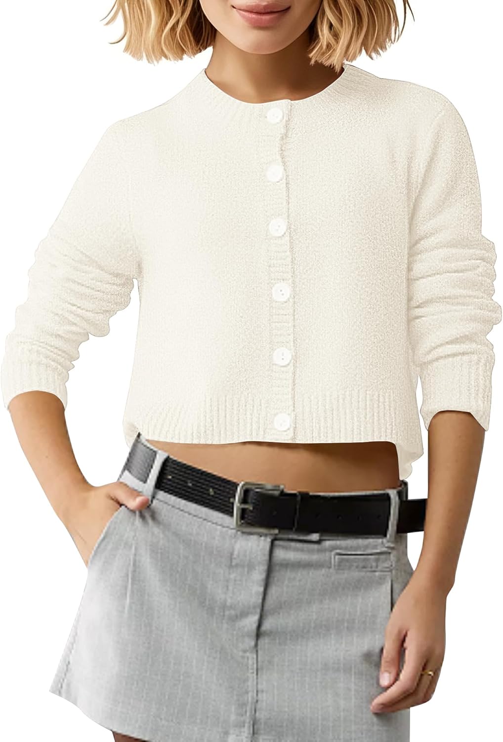 EXCHIC Women's Long Sleeve Cropped Cardigan Sweater Crew Neck Button-Down Shrug Sweaters - Image 2