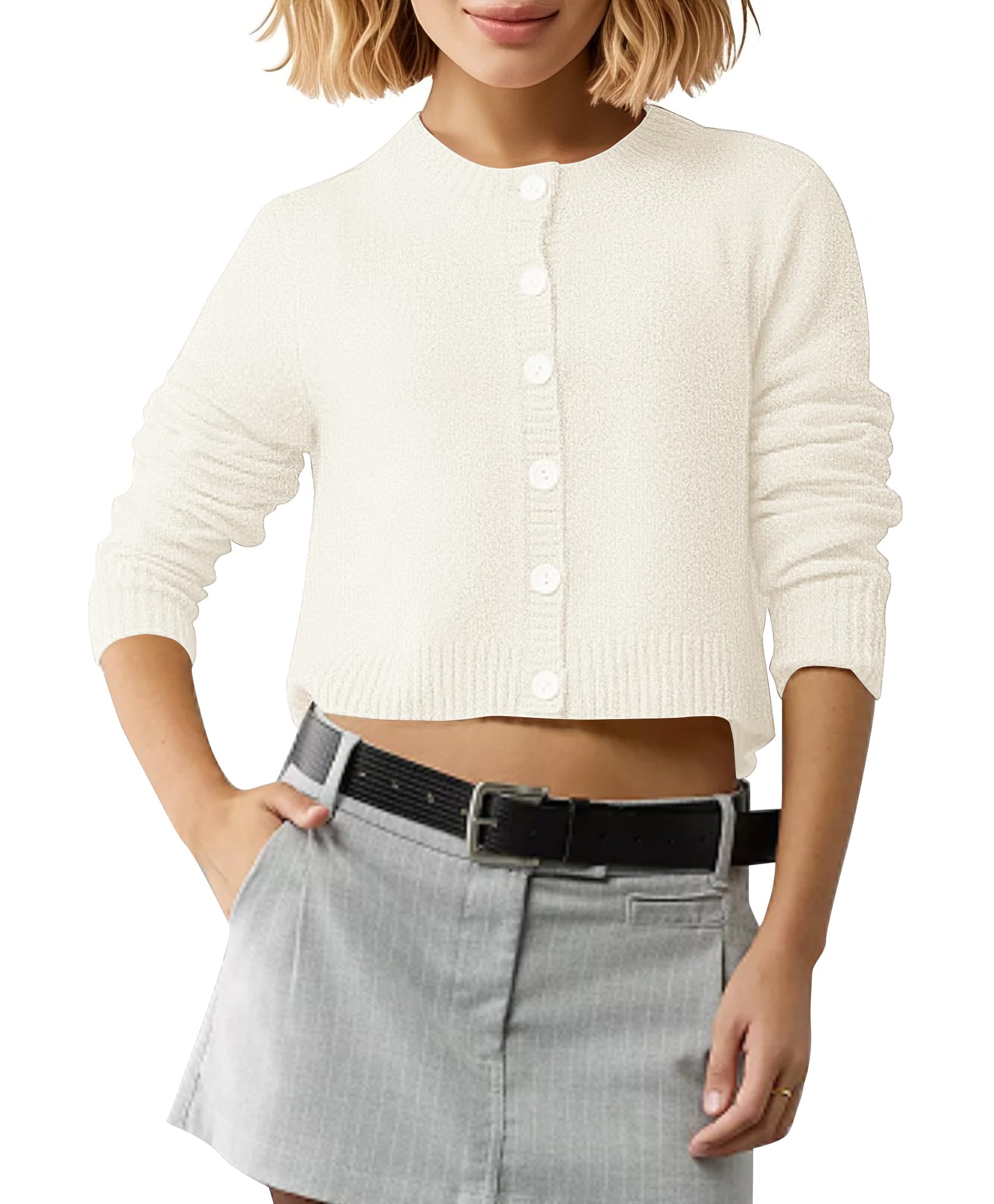 EXCHIC Femmes Confortable Manches Longues Front Ouvert Court Cardigan Pull Coupe Slim Col Rond Boutonné Gilets