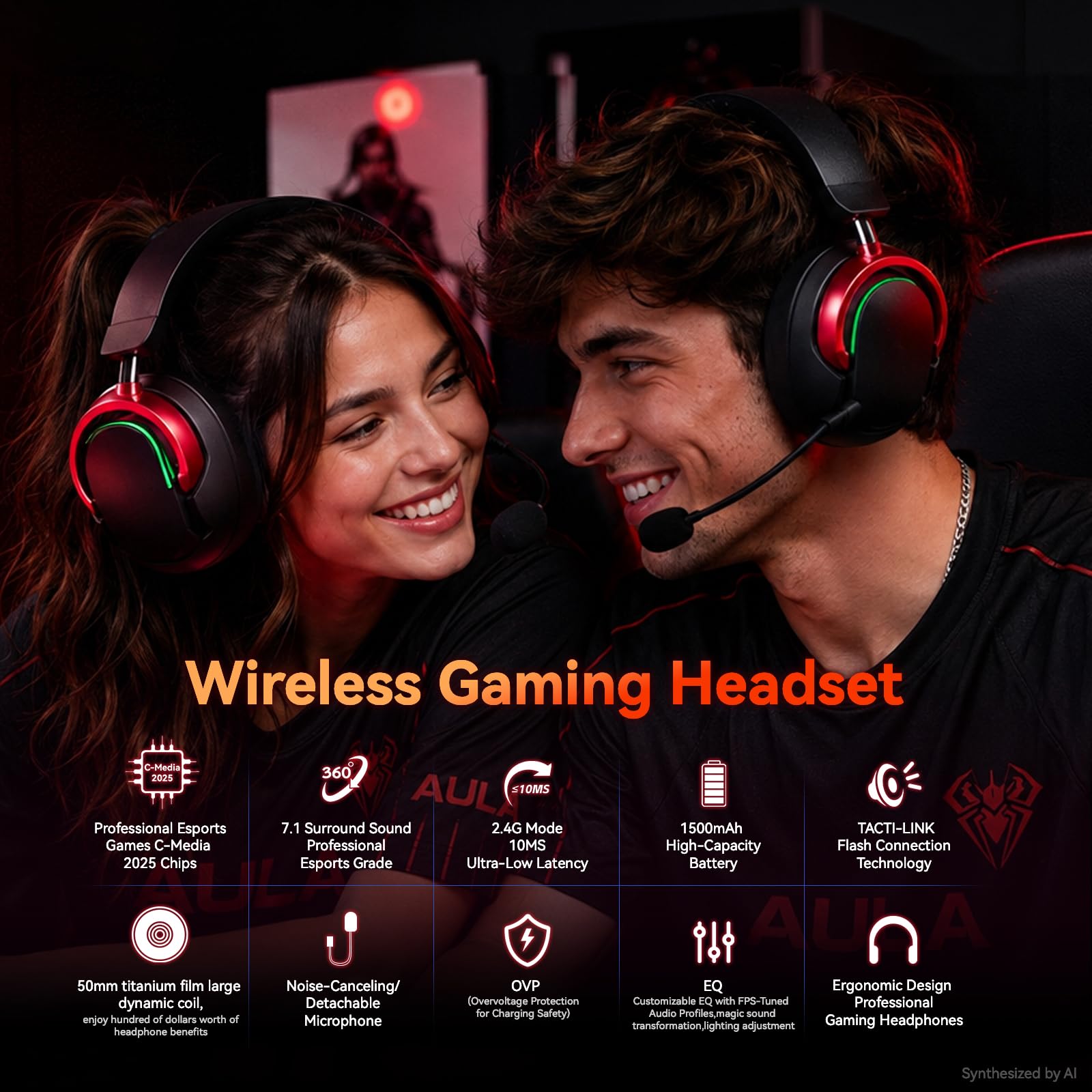 Auriculares inalámbricos para juegos de PC con micrófono y cancelación de ruido, multiplataforma, sonido envolvente 7.1, controladores de 50 mm, RGB, marco de aluminio, almohadillas de espuma