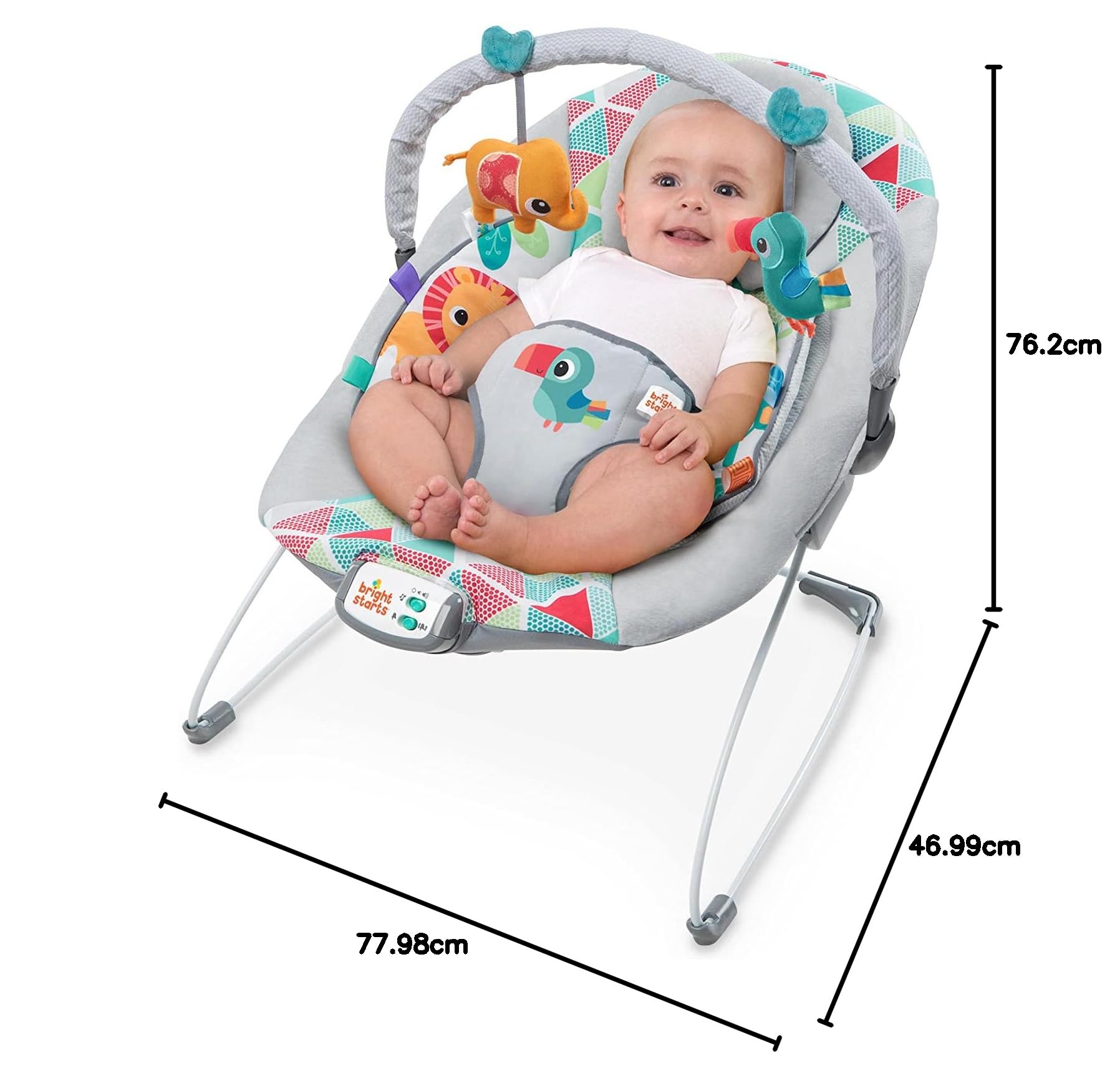 Bright Starts, vibrierende Babywippe Babyschaukel, Toucan Tango mit 7 Melodien, automatischer Abschaltfunktion, 3 Spielzeugen und abnehmbarem Spielbogen